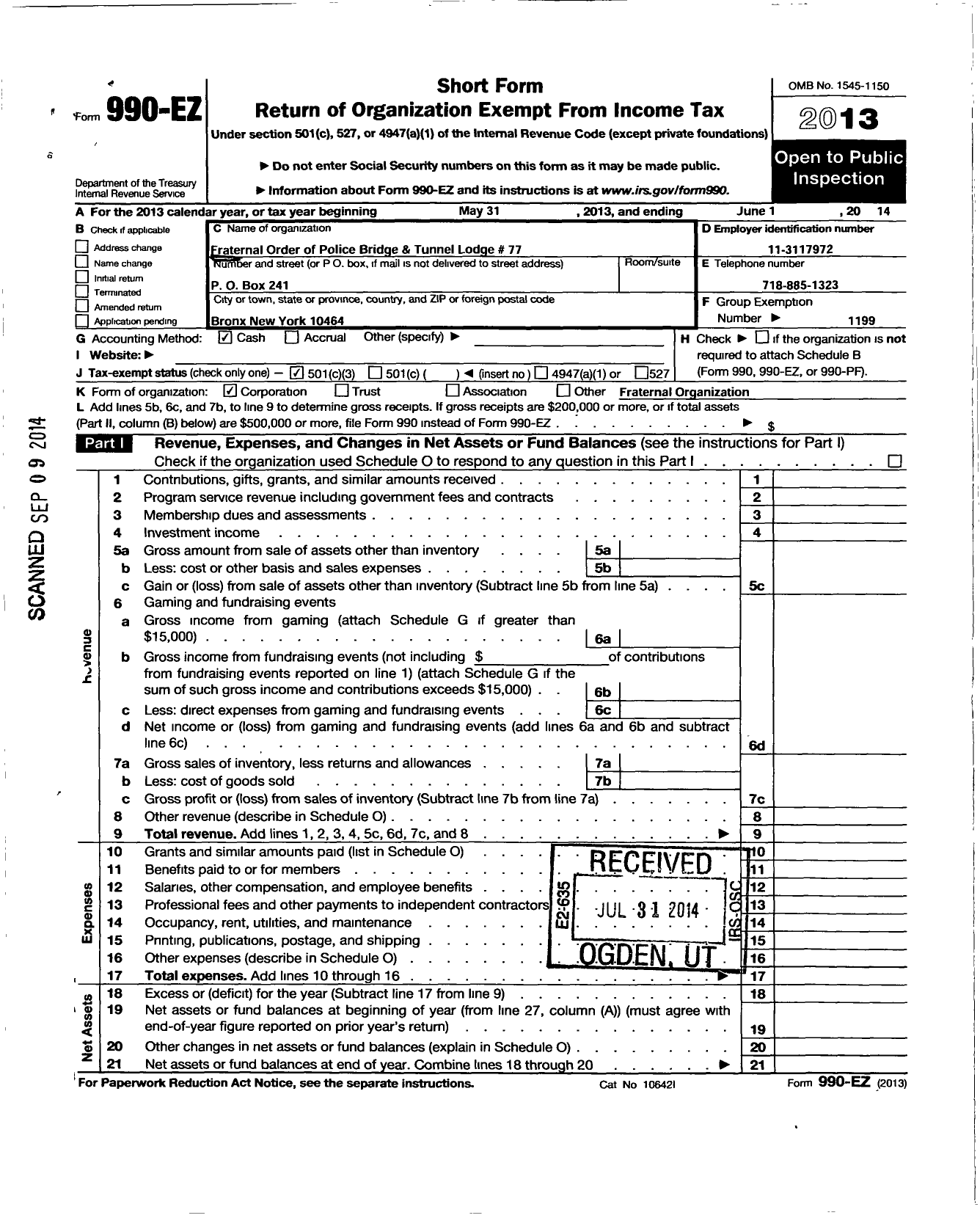 Image of first page of 2013 Form 990EZ for Fraternal Order of Police - 77 Bridge & Tunnel Officers Lodge