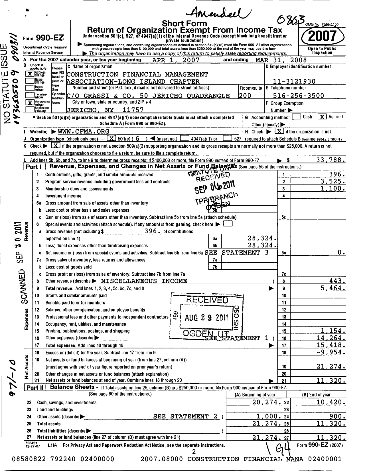 Image of first page of 2007 Form 990EO for Construction Financial Management Association / Cfma Long Island Chapter