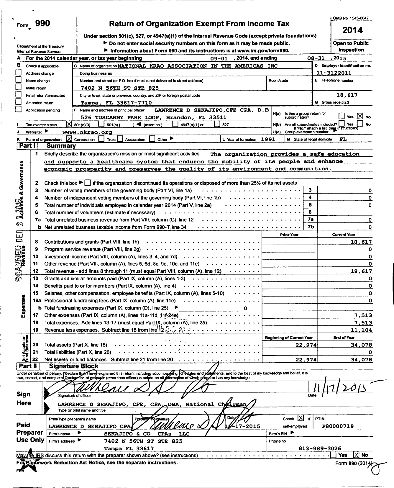 Image of first page of 2014 Form 990 for National Krao Association in the Americas