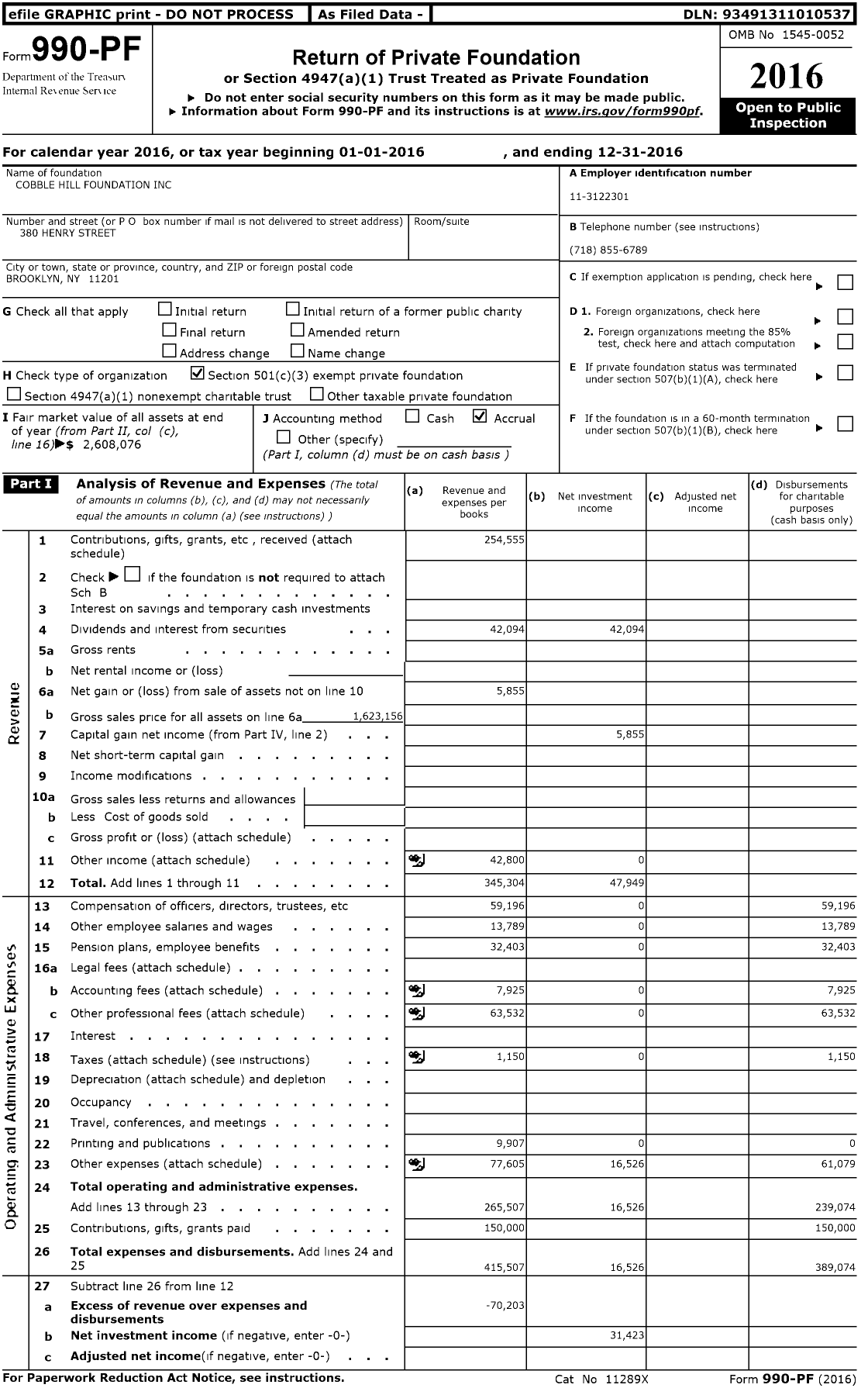 Image of first page of 2016 Form 990PF for Cobble Hill Foundation