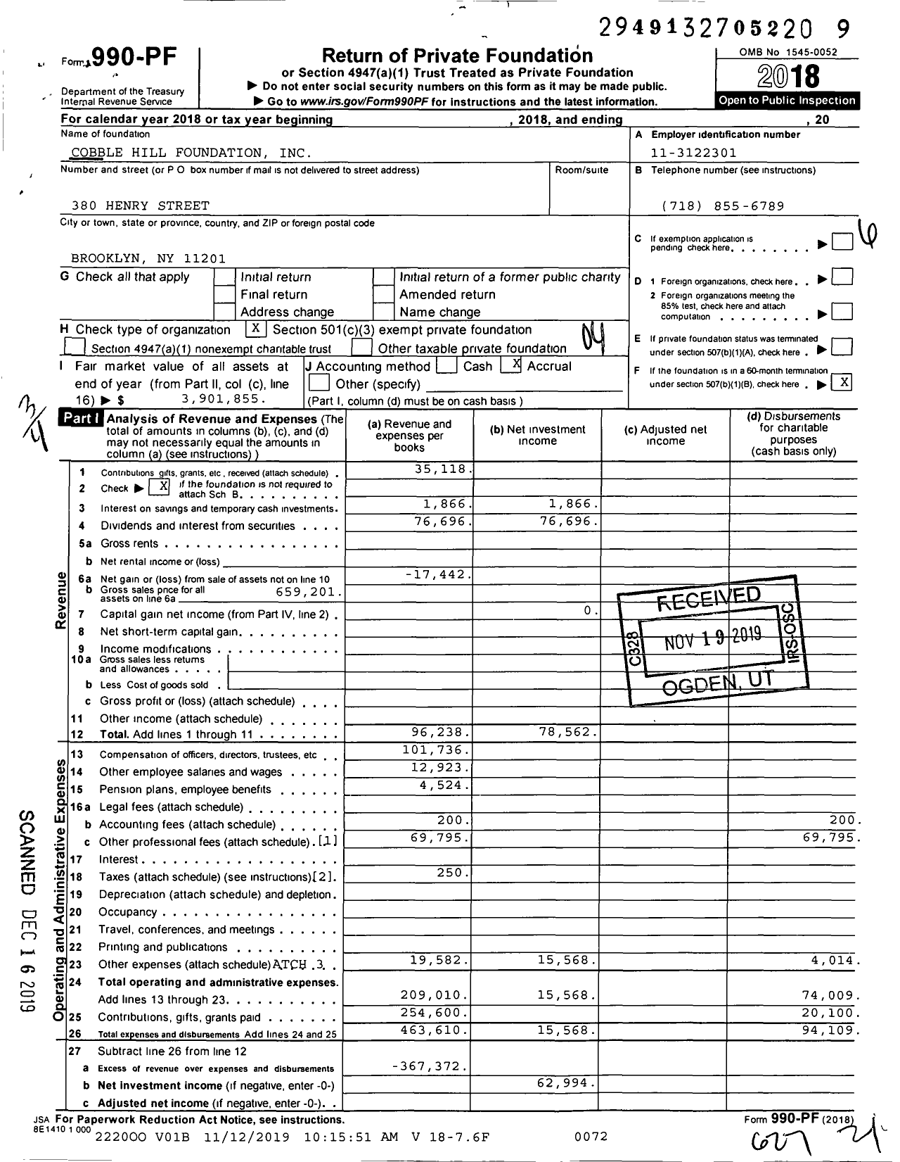 Image of first page of 2018 Form 990PF for Cobble Hill Foundation