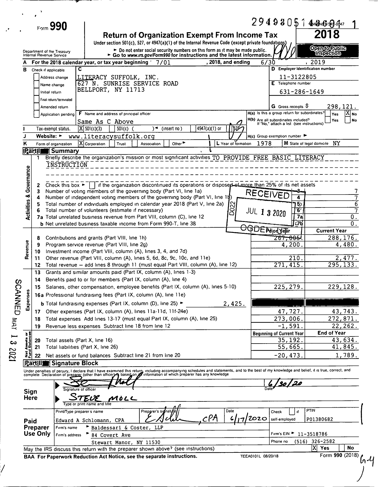 Image of first page of 2018 Form 990 for Literacy Suffolk