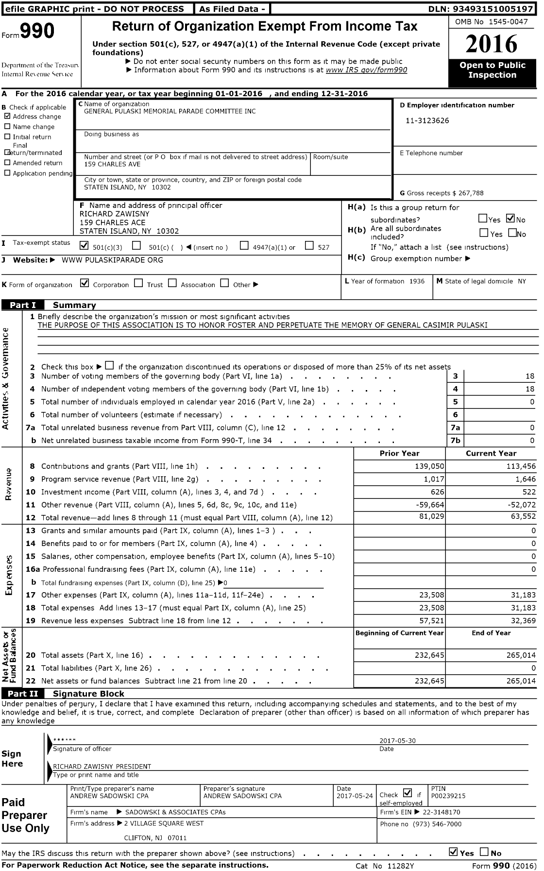 Image of first page of 2016 Form 990 for General Pulaski Memorial Parade Committee