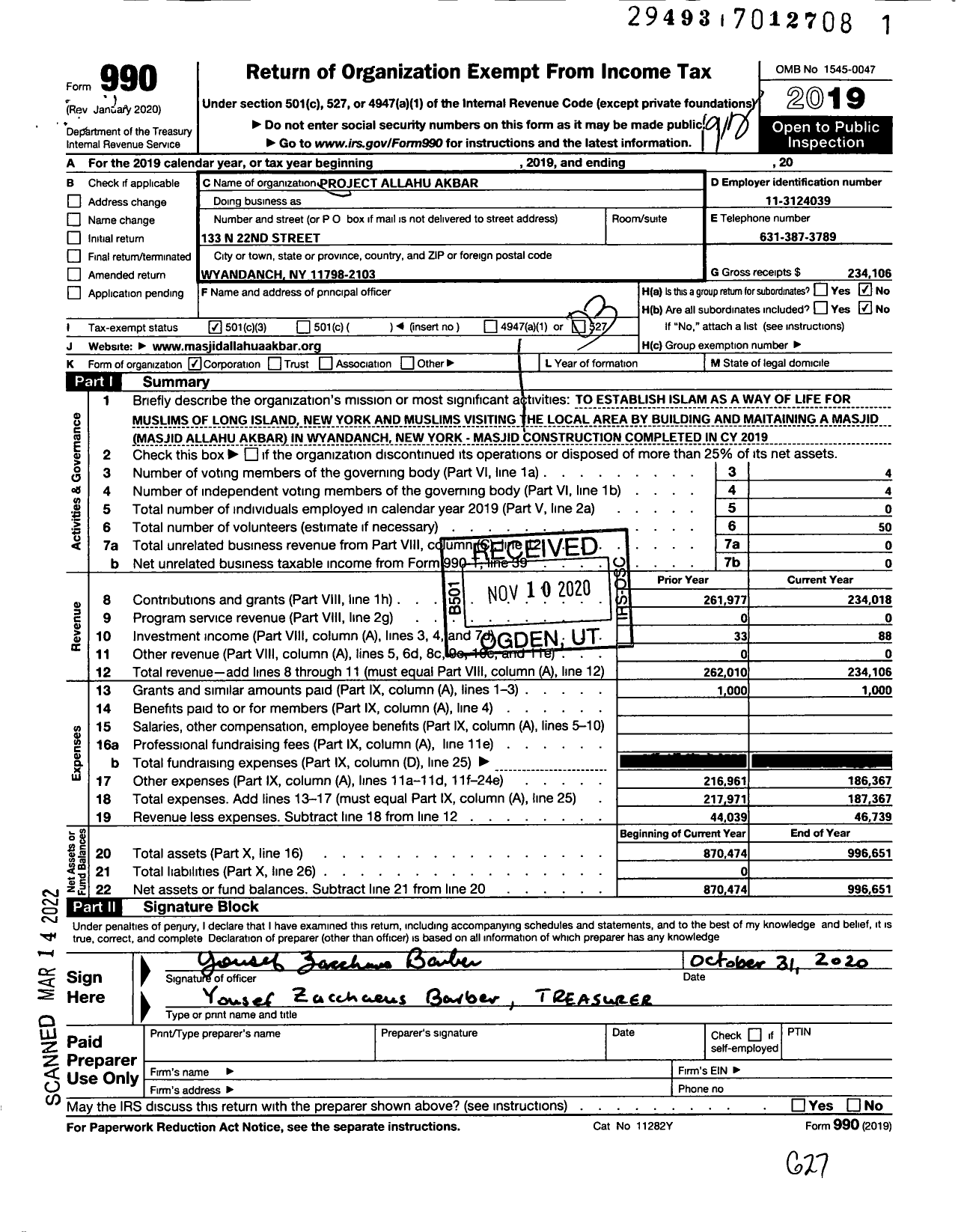 Image of first page of 2019 Form 990 for Project Allahu Akbar