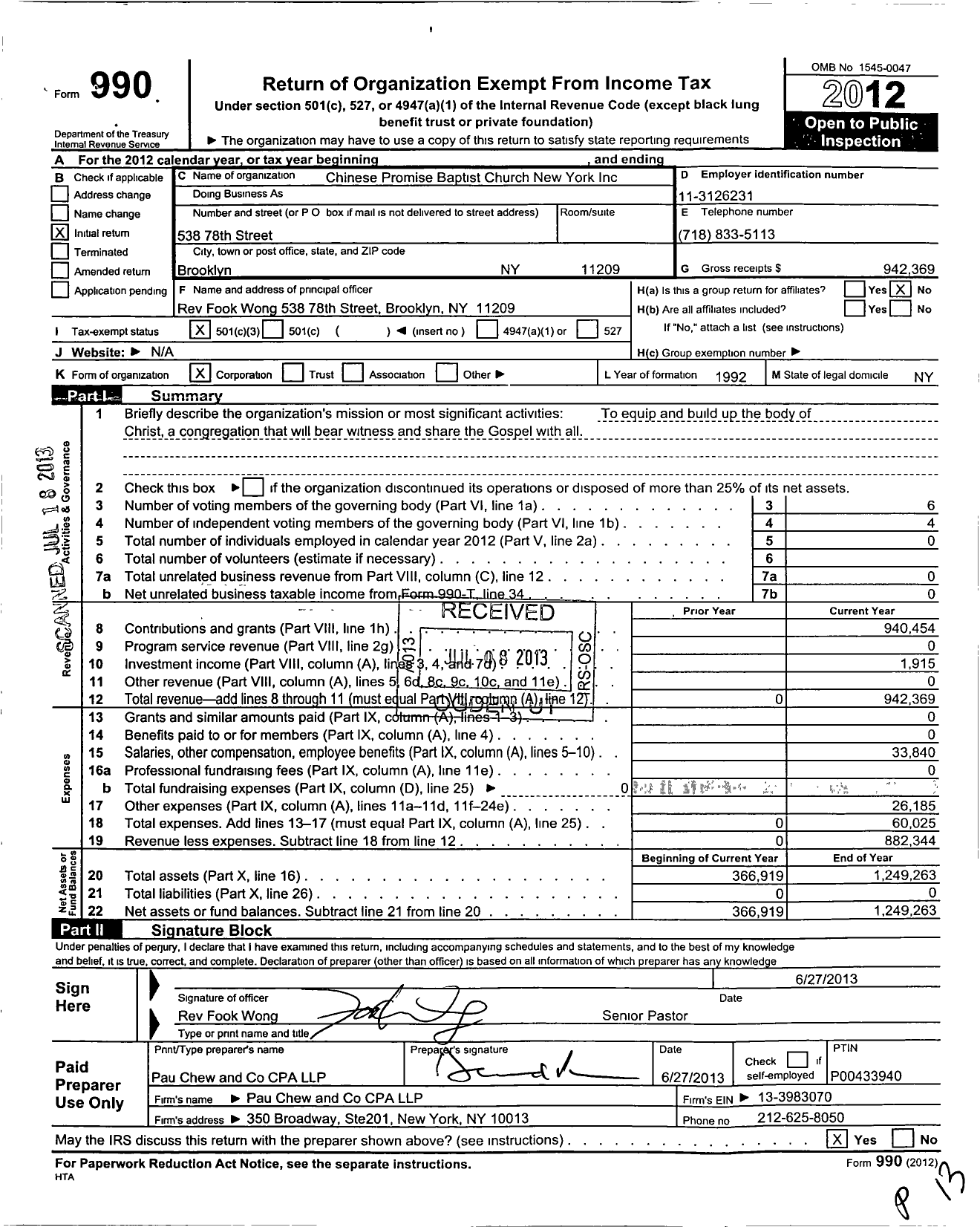 Image of first page of 2012 Form 990 for Chinese Promise Baptist Church New York