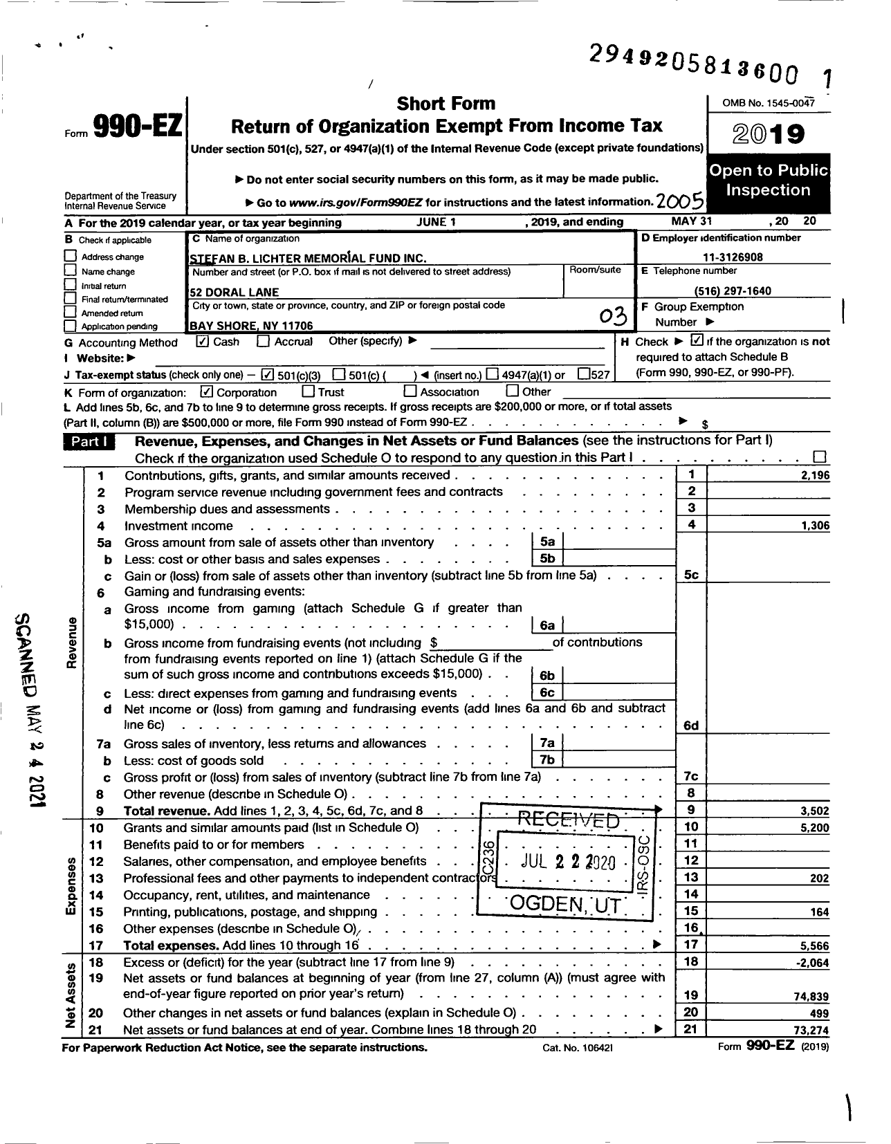 Image of first page of 2019 Form 990EZ for Stefan B Lichter Memorial Fund