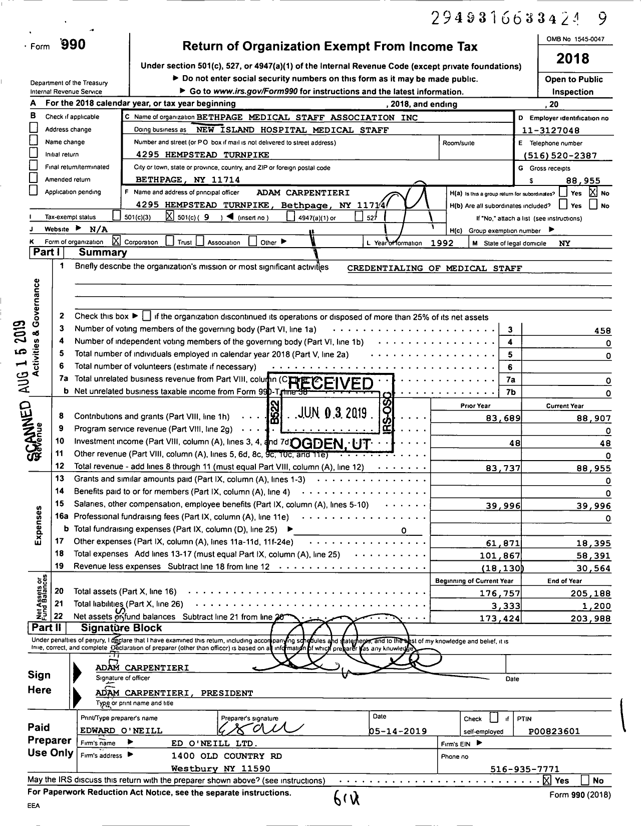 Image of first page of 2018 Form 990O for New Island Hospital Medical Staff