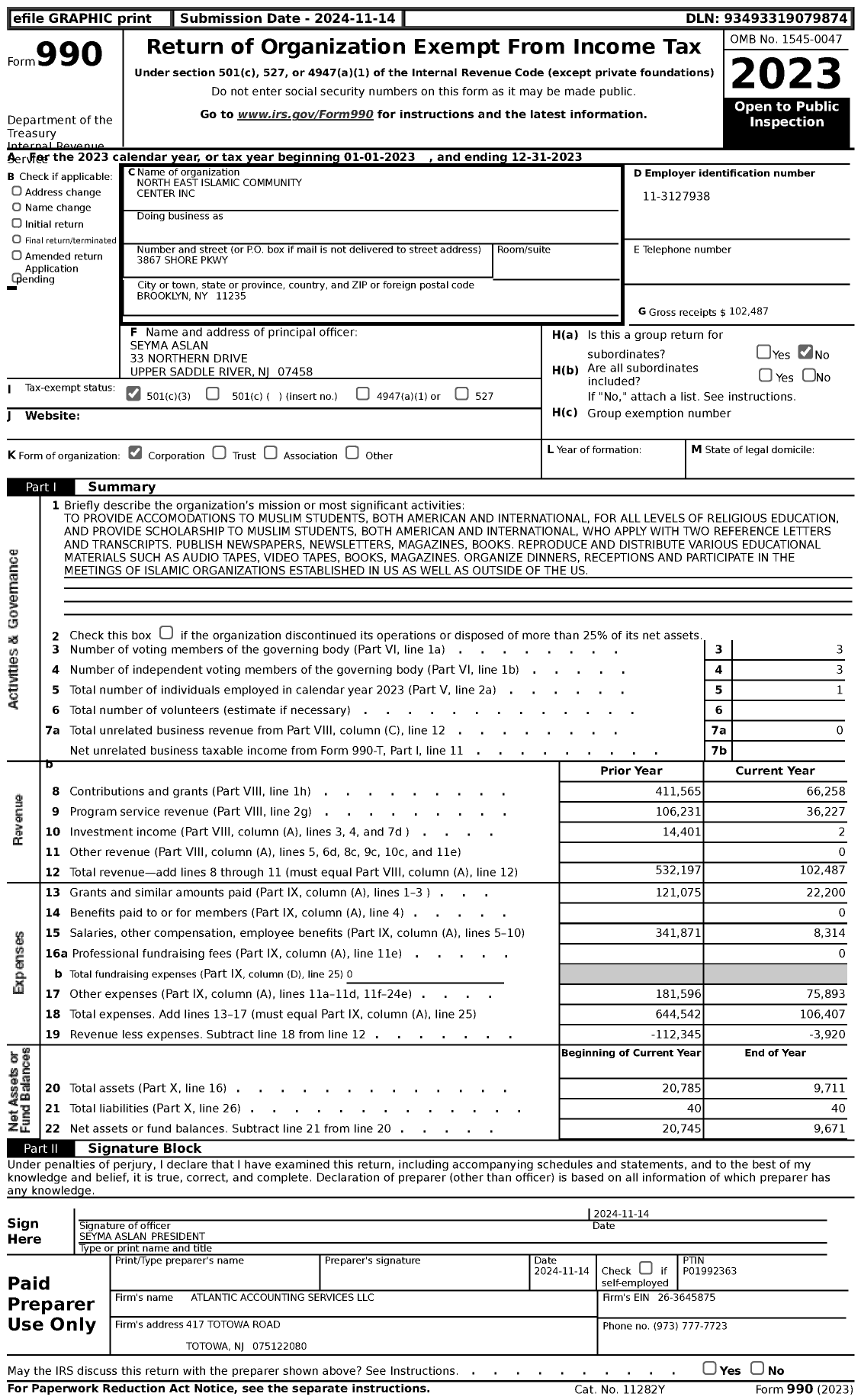 Image of first page of 2023 Form 990 for North East Islamic Community Center