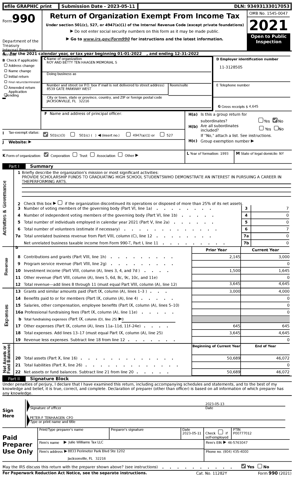 Image of first page of 2022 Form 990 for Roy and Betty Ten Haagen Memorial Scholarship