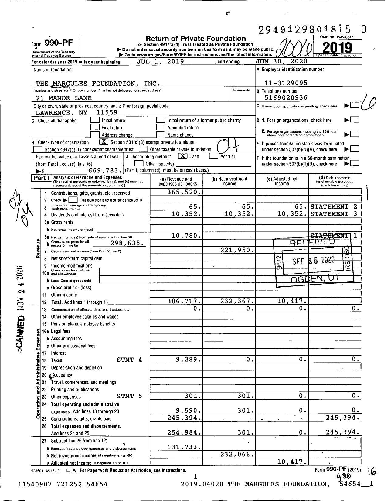 Image of first page of 2019 Form 990PF for The Margules Foundation