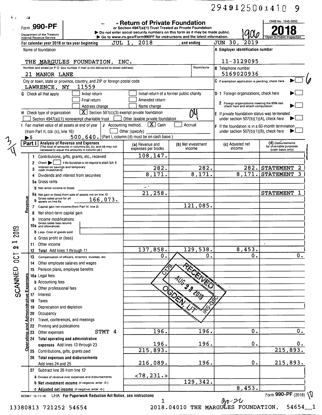 Image of first page of 2018 Form 990PF for The Margules Foundation