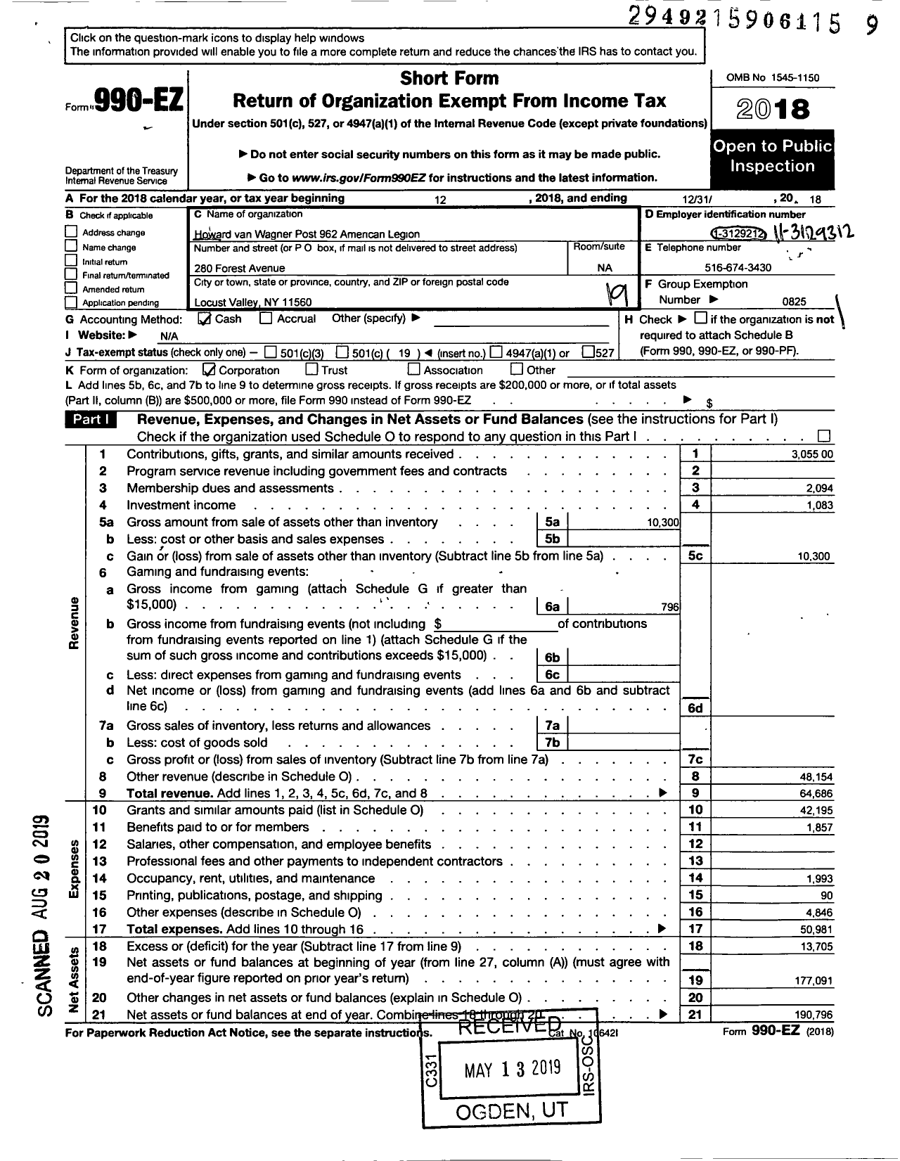 Image of first page of 2018 Form 990EO for American Legion - 962 Howard A van Wagner