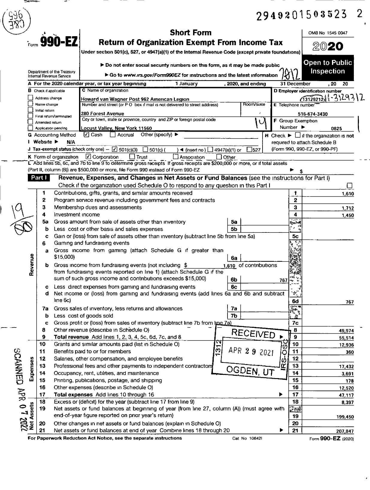 Image of first page of 2020 Form 990EO for American Legion - 962 Howard A van Wagner