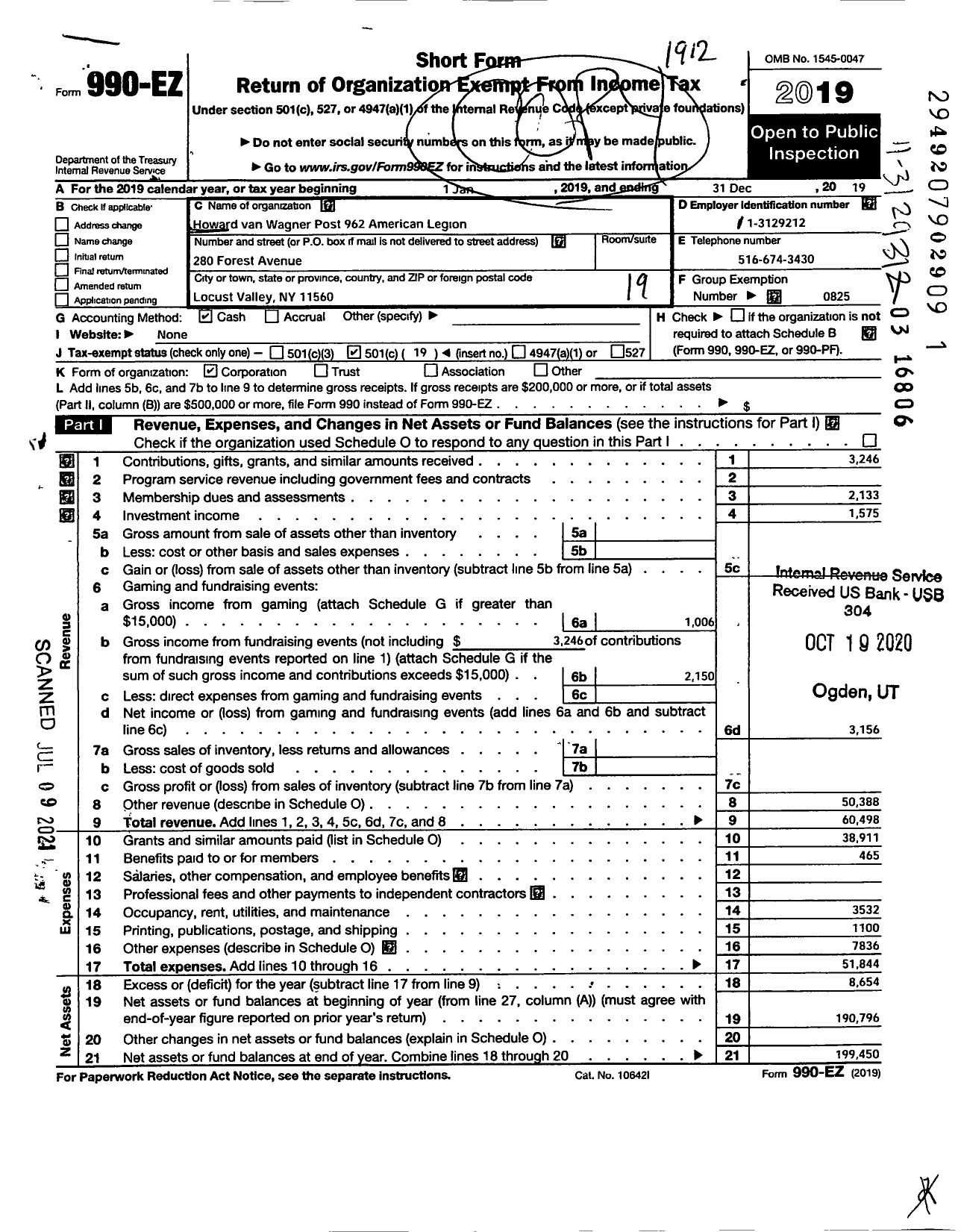 Image of first page of 2019 Form 990EO for American Legion - 962 Howard A van Wagner