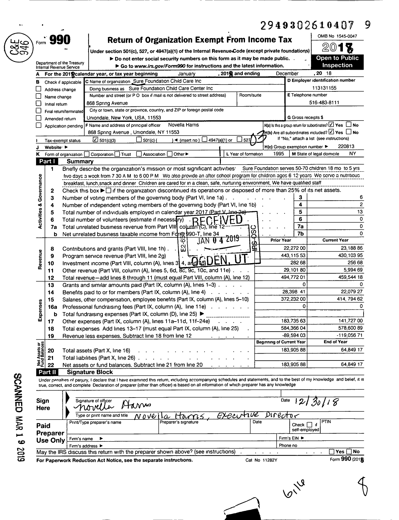 Image of first page of 2018 Form 990 for Sure Foundation Child Care Center