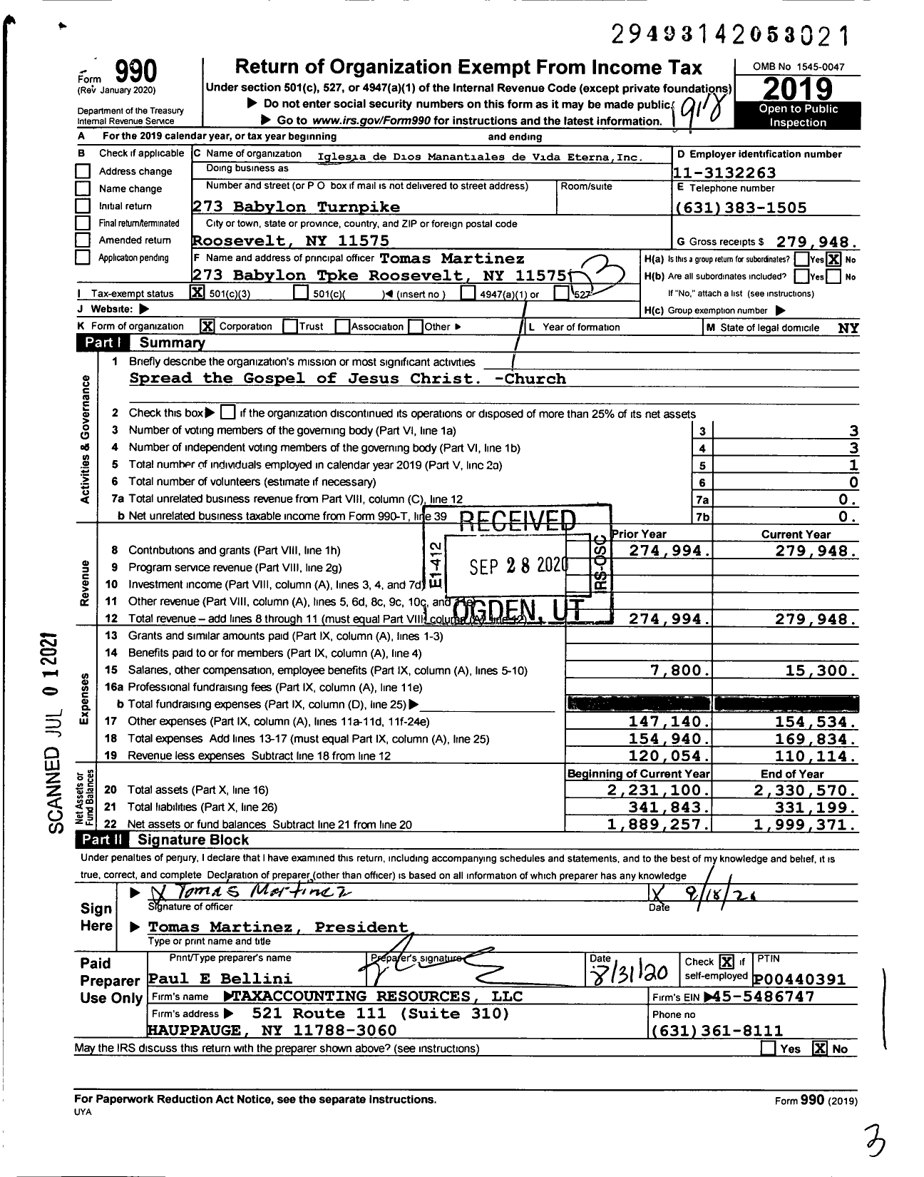 Image of first page of 2019 Form 990 for Iglesia de Dios Manantiales de Vida Eterna