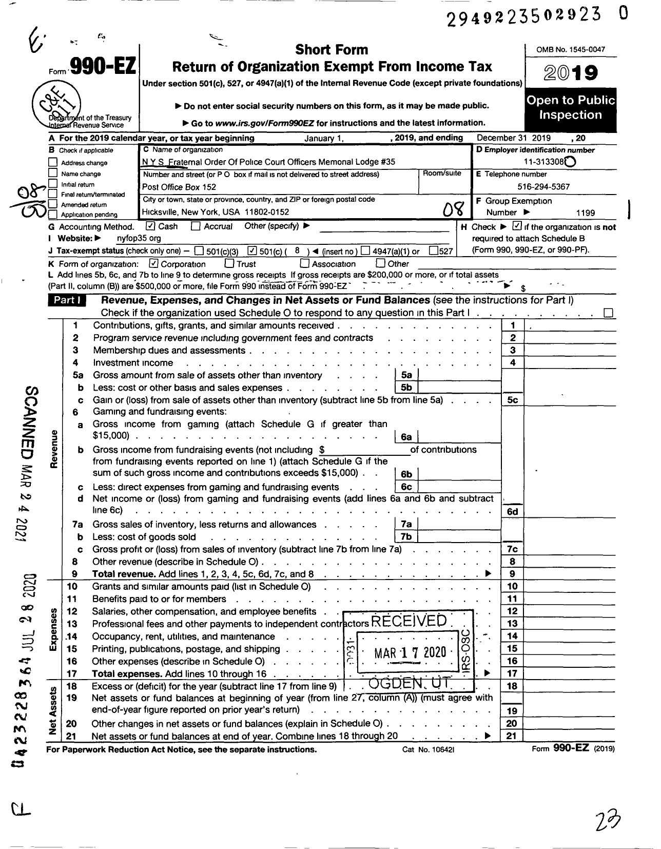 Image of first page of 2019 Form 990EO for FRATERNAL ORDER OF POLICE - 35 NYS Court Officers Memorial