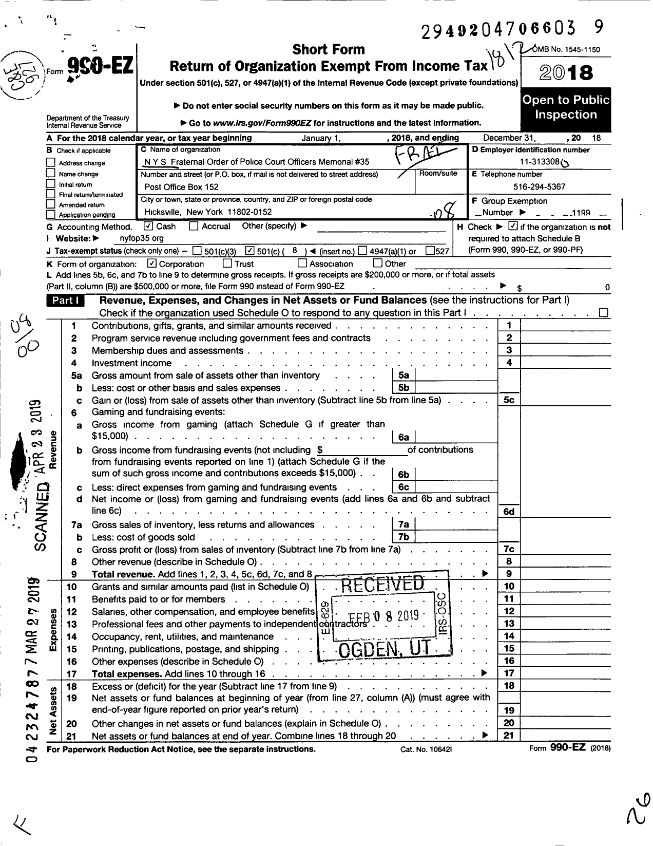 Image of first page of 2018 Form 990EO for FRATERNAL ORDER OF POLICE - 35 NYS Court Officers Memorial