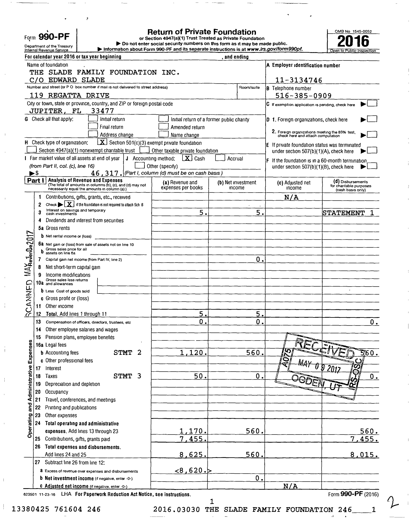 Image of first page of 2016 Form 990PF for The Slade Family Foundation