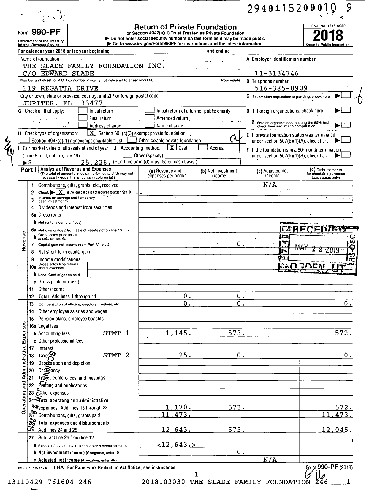 Image of first page of 2018 Form 990PF for The Slade Family Foundation