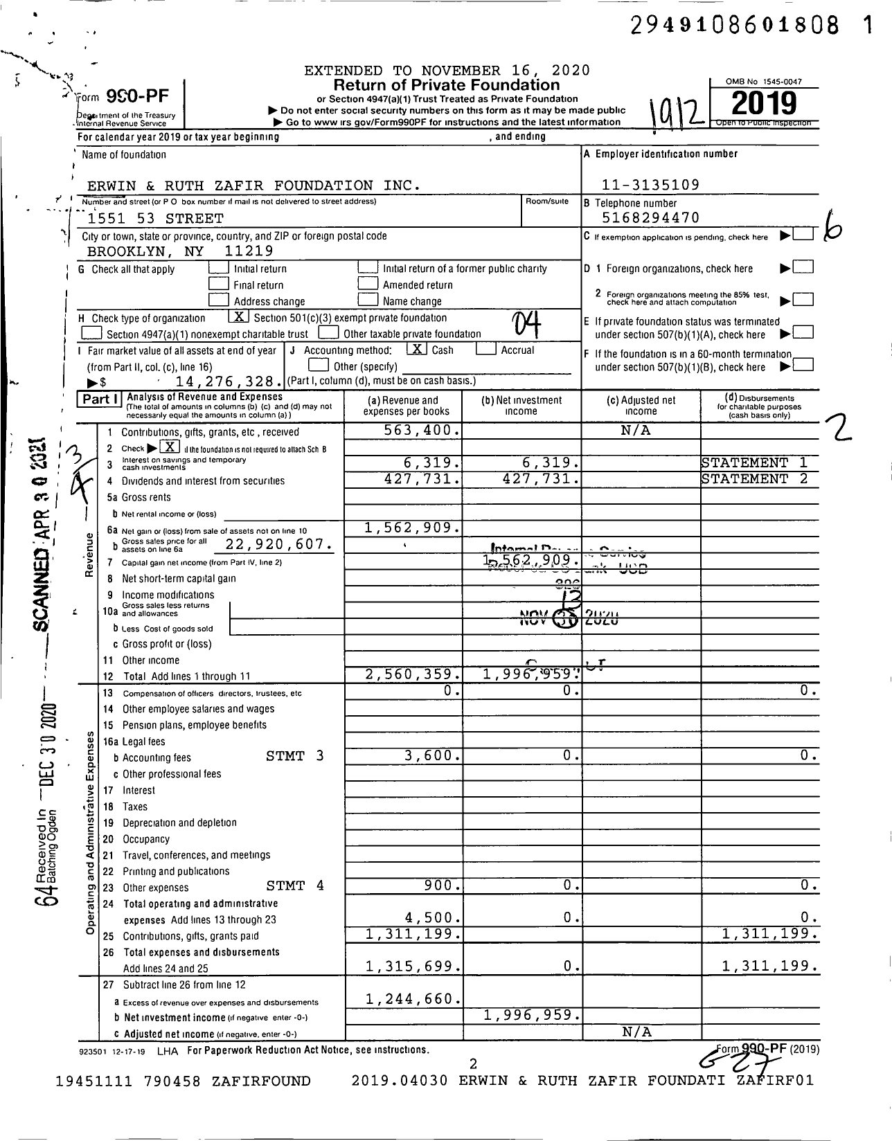 Image of first page of 2019 Form 990PF for Erwin and Ruth Zafir Foundation