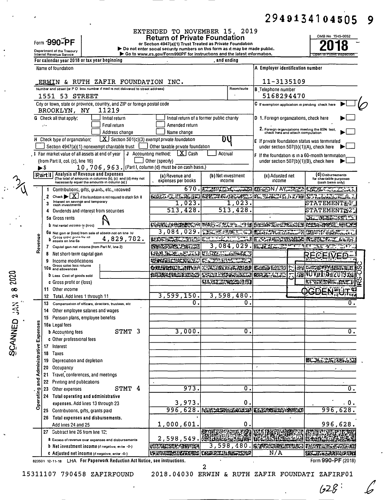 Image of first page of 2018 Form 990PF for Erwin and Ruth Zafir Foundation