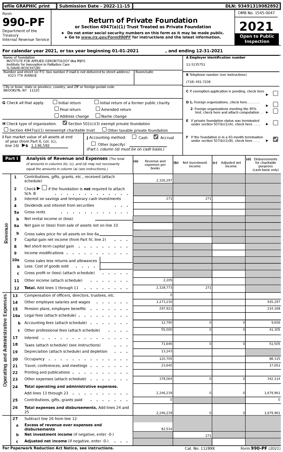 Image of first page of 2021 Form 990PF for MJHS Institute FOR Innovation in Palliative Care