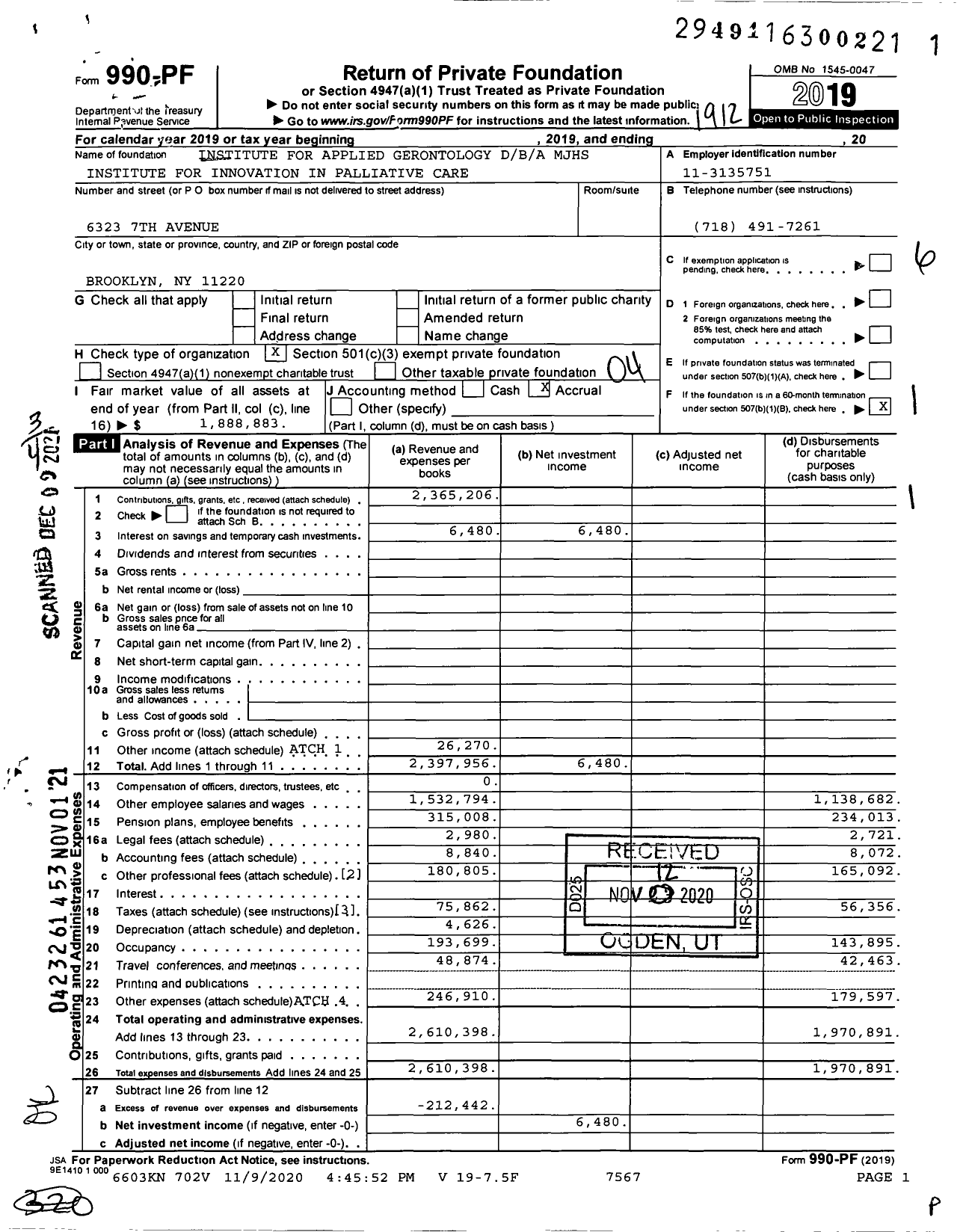 Image of first page of 2019 Form 990PF for MJHS Institute FOR Innovation in Palliative Care