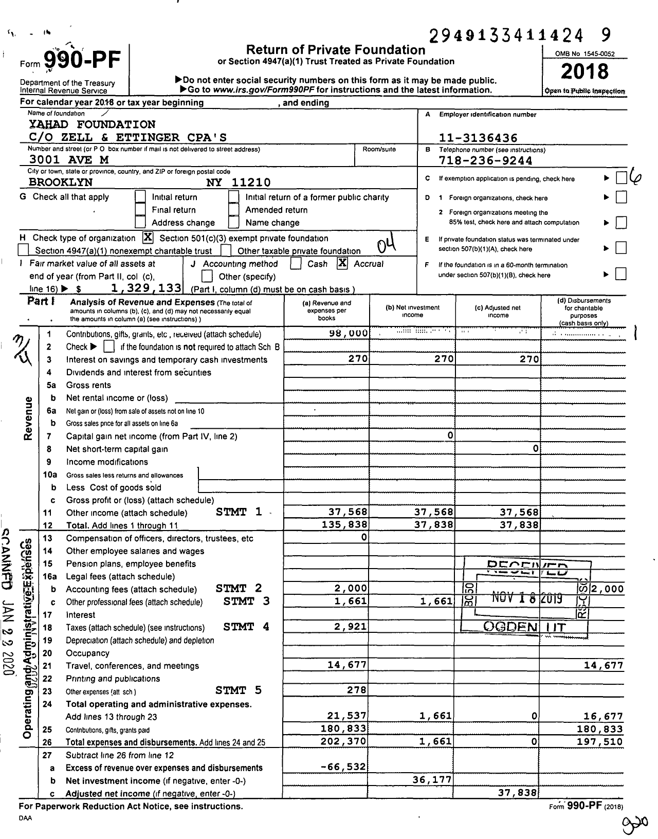 Image of first page of 2018 Form 990PF for Yahad Foundation