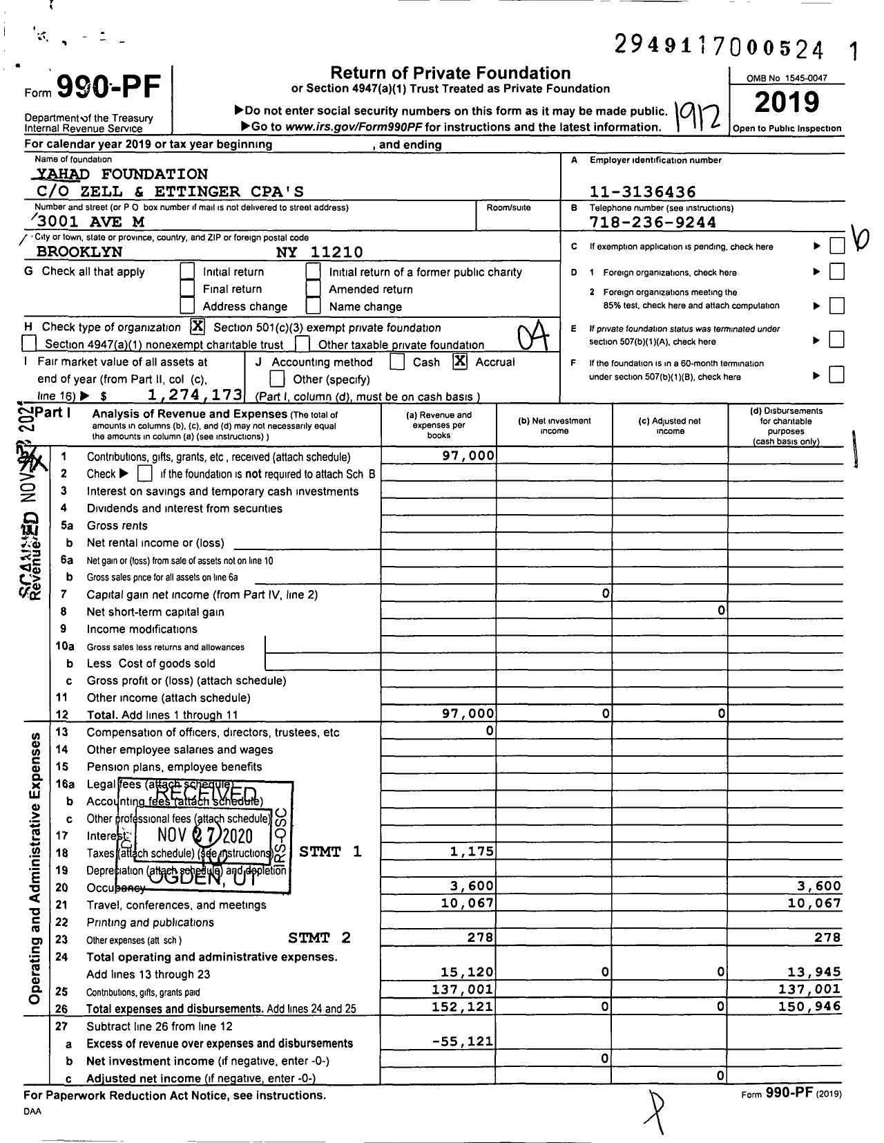 Image of first page of 2019 Form 990PF for Yahad Foundation