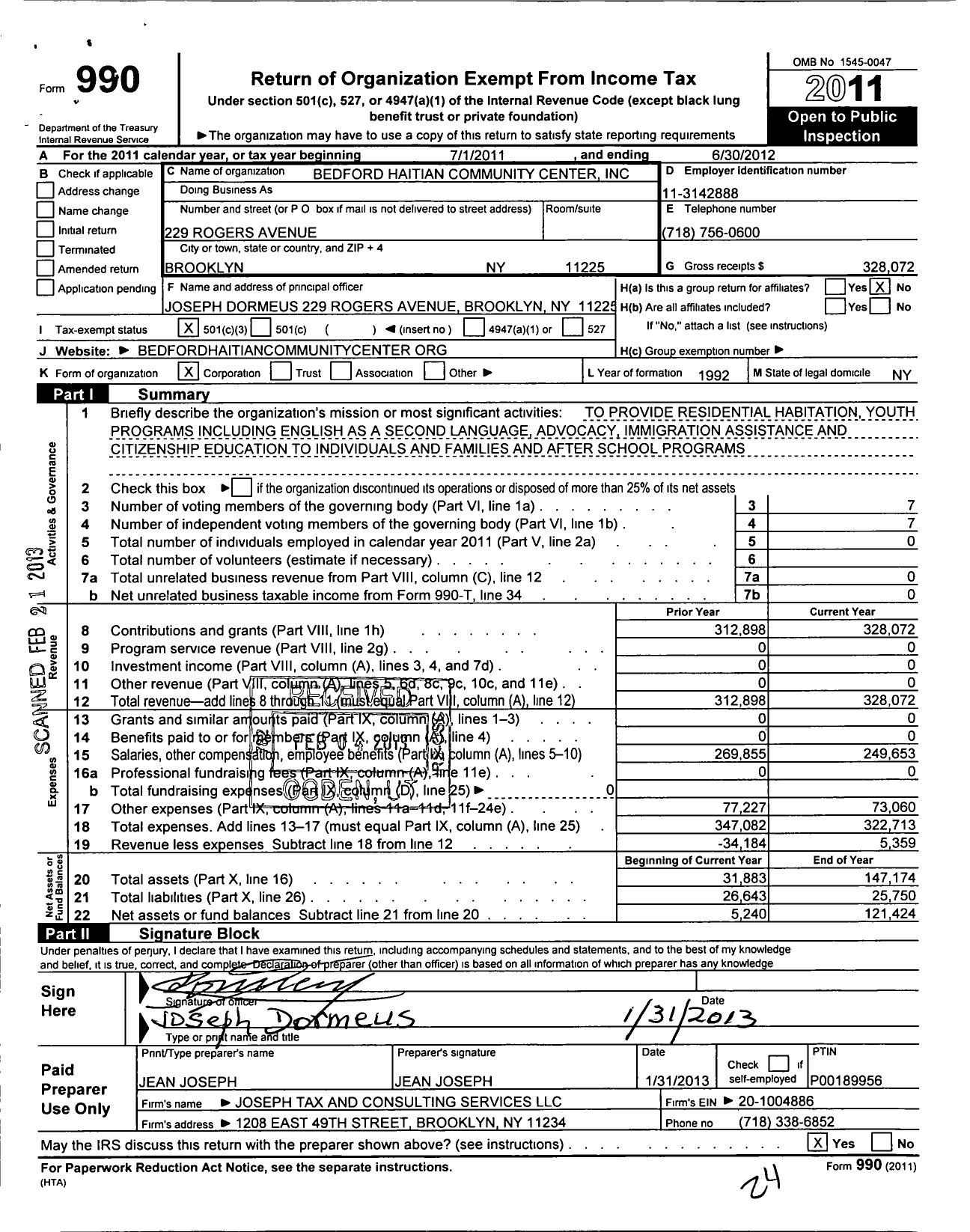 Image of first page of 2011 Form 990 for Bedford Haitian Community Center