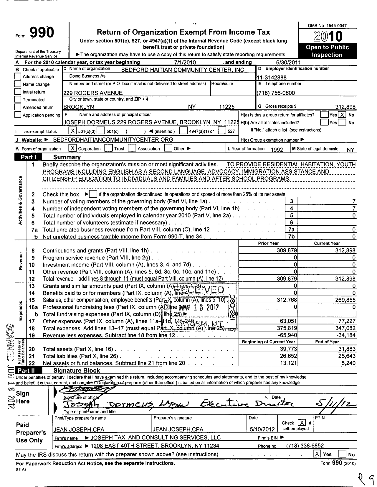 Image of first page of 2010 Form 990 for Bedford Haitian Community Center