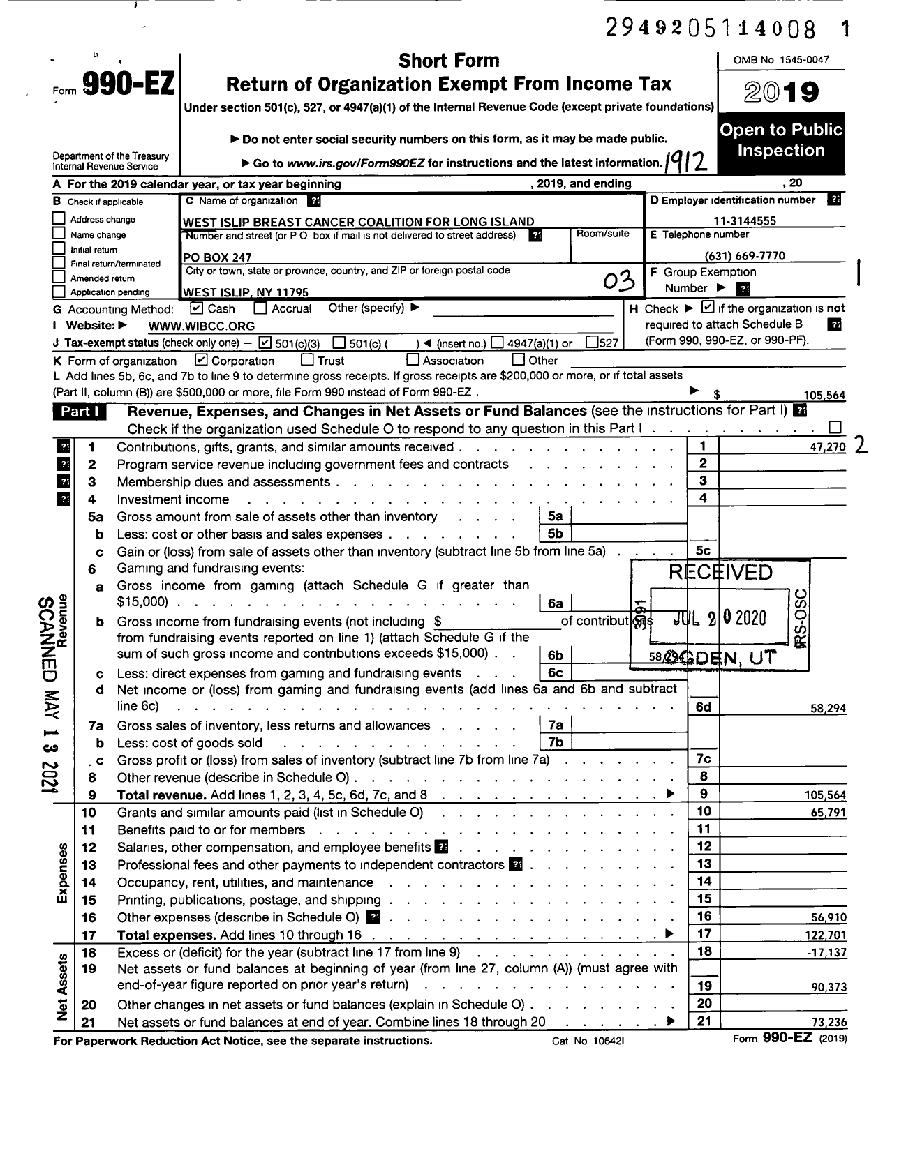 Image of first page of 2019 Form 990EZ for West Islip Breast Cancer Coalition for Long Island