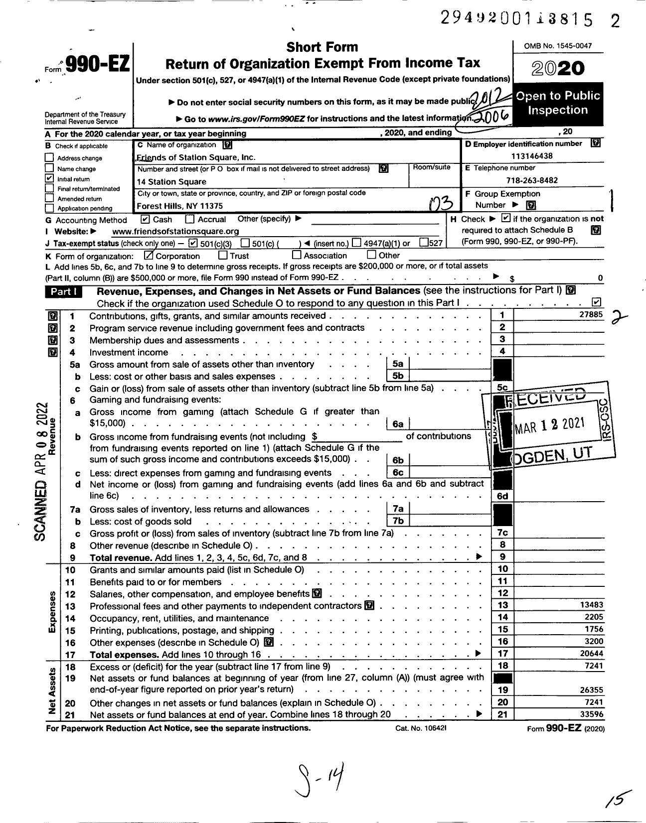 Image of first page of 2020 Form 990EZ for Friends of Station Square