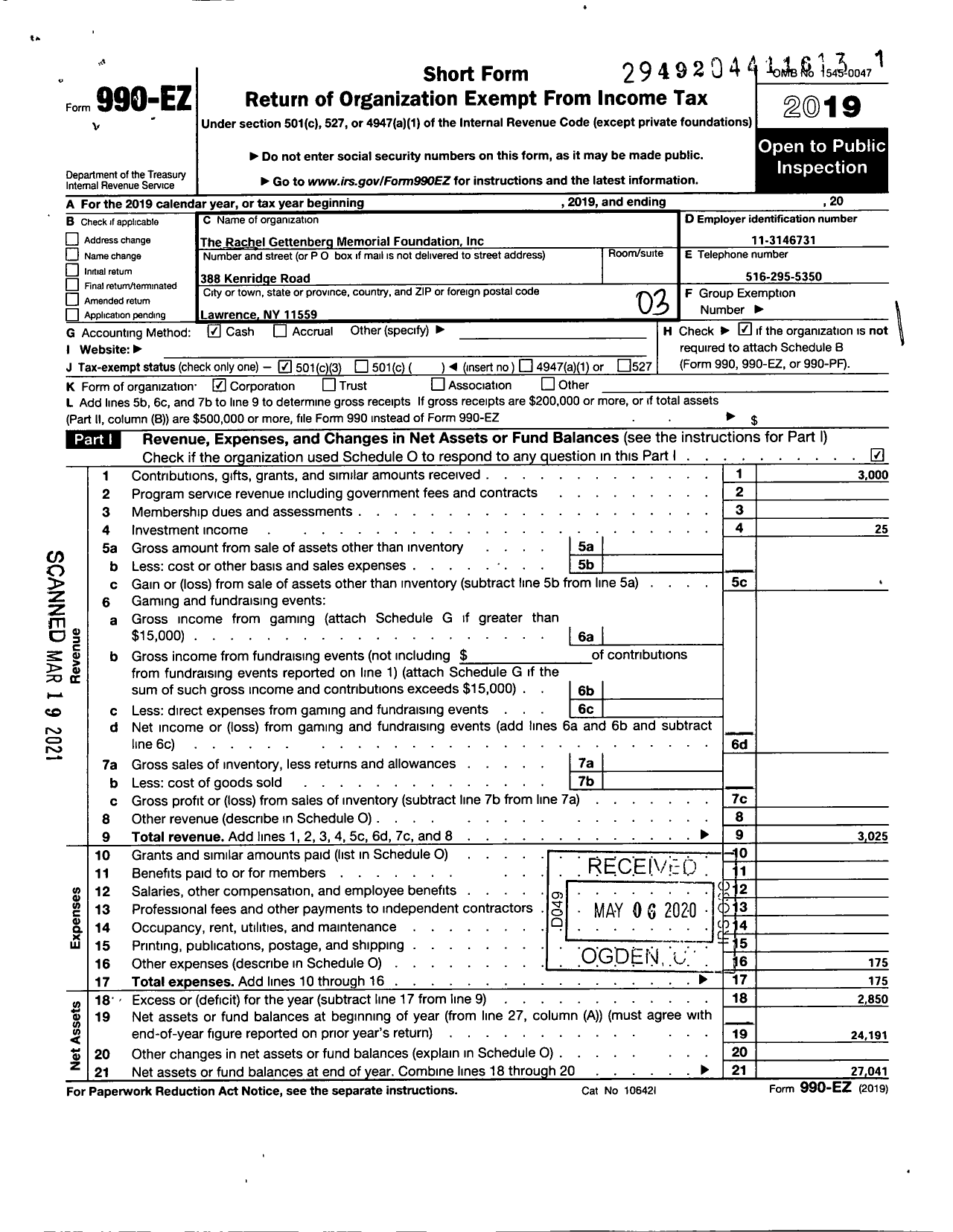 Image of first page of 2019 Form 990EZ for Rachel Gettenberg Memorial Fund