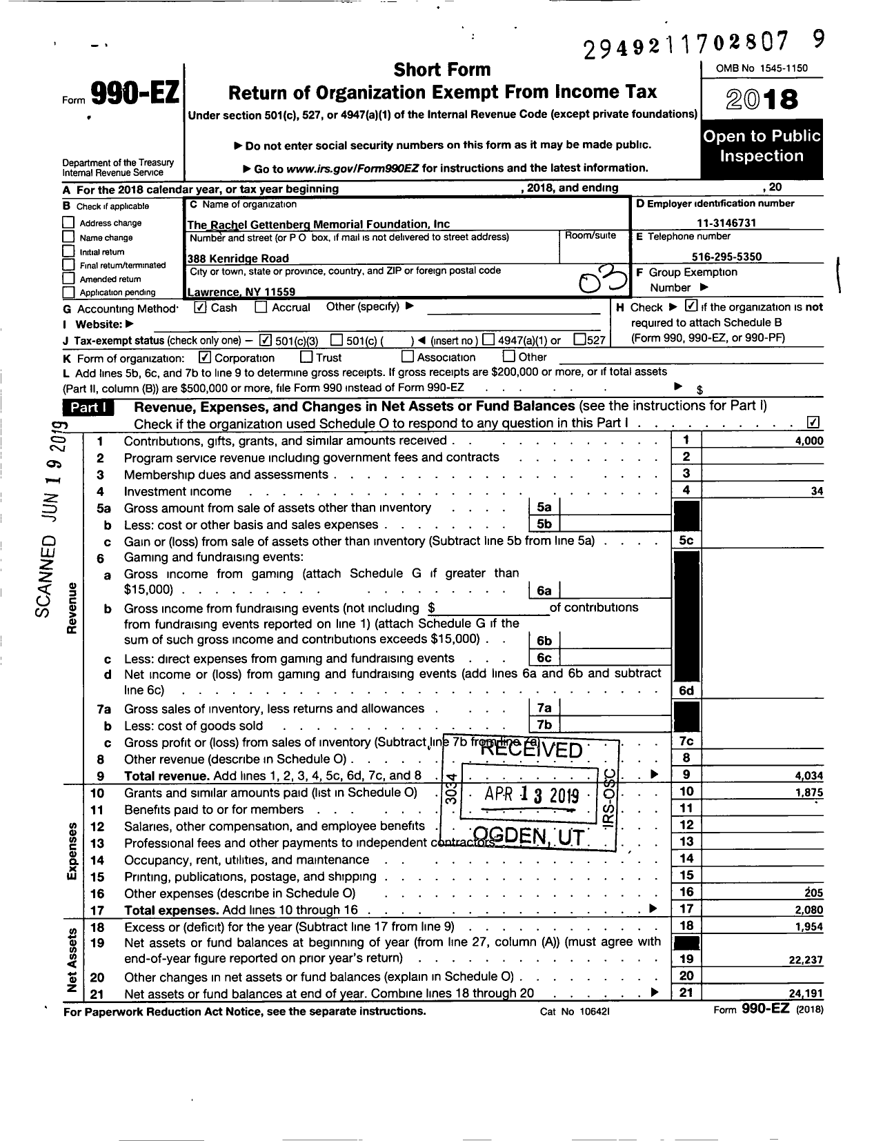 Image of first page of 2018 Form 990EZ for Rachel Gettenberg Memorial Fund