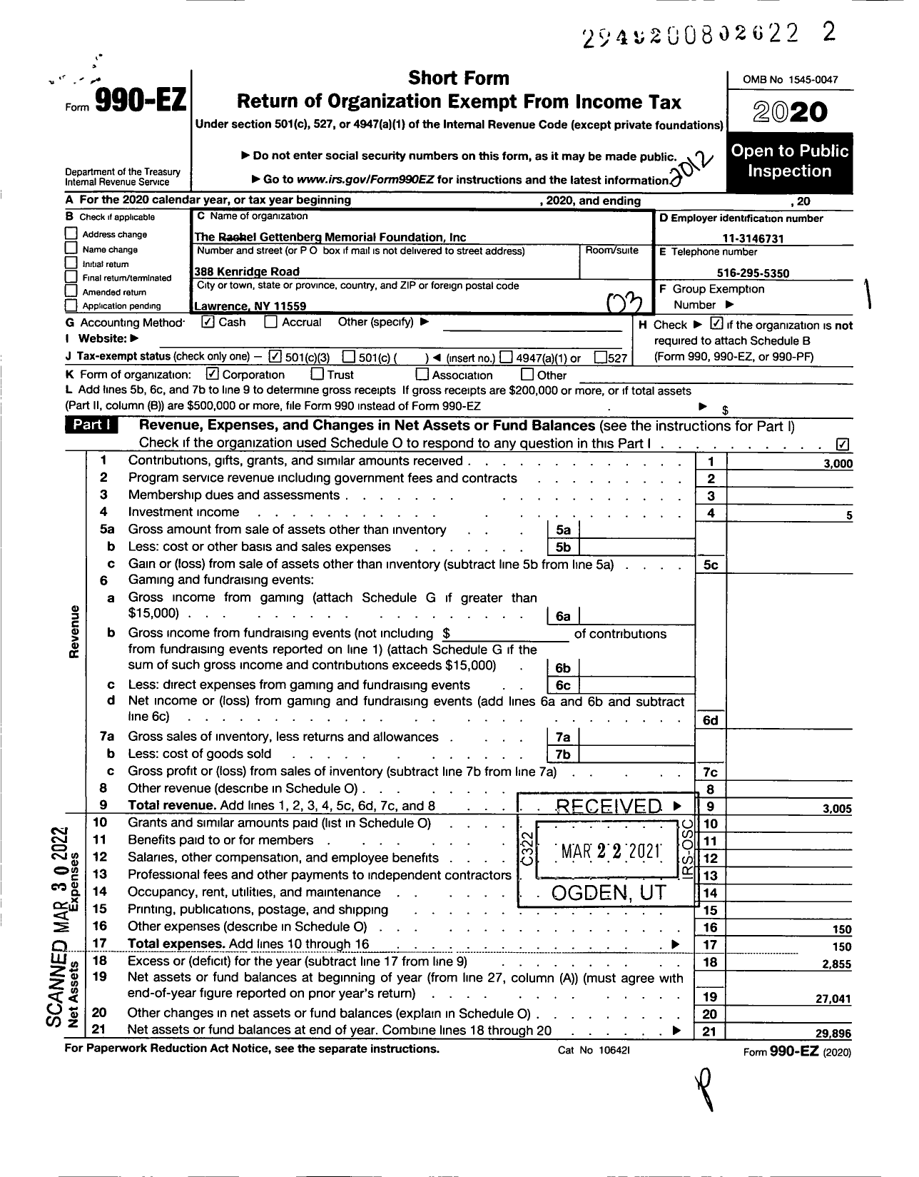 Image of first page of 2020 Form 990EZ for Rachel Gettenberg Memorial Fund