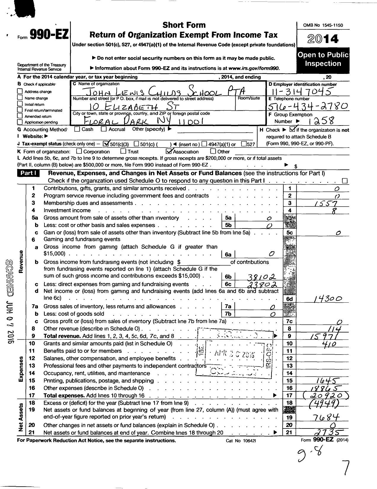 Image of first page of 2014 Form 990EZ for New York State PTA - 010-306 John Lewis Childs School PT