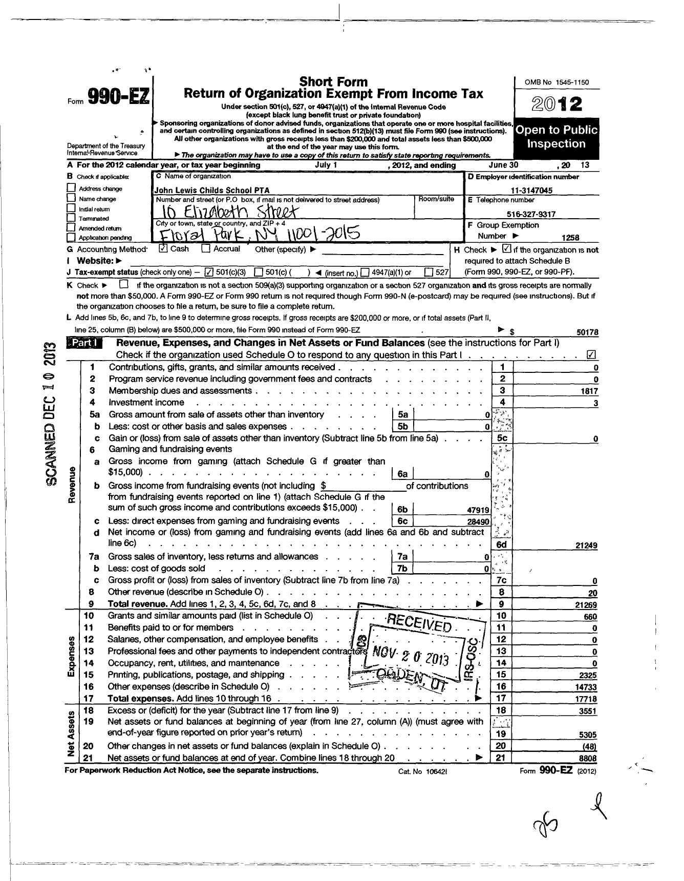 Image of first page of 2012 Form 990EZ for New York State PTA - 010-306 John Lewis Childs School PT