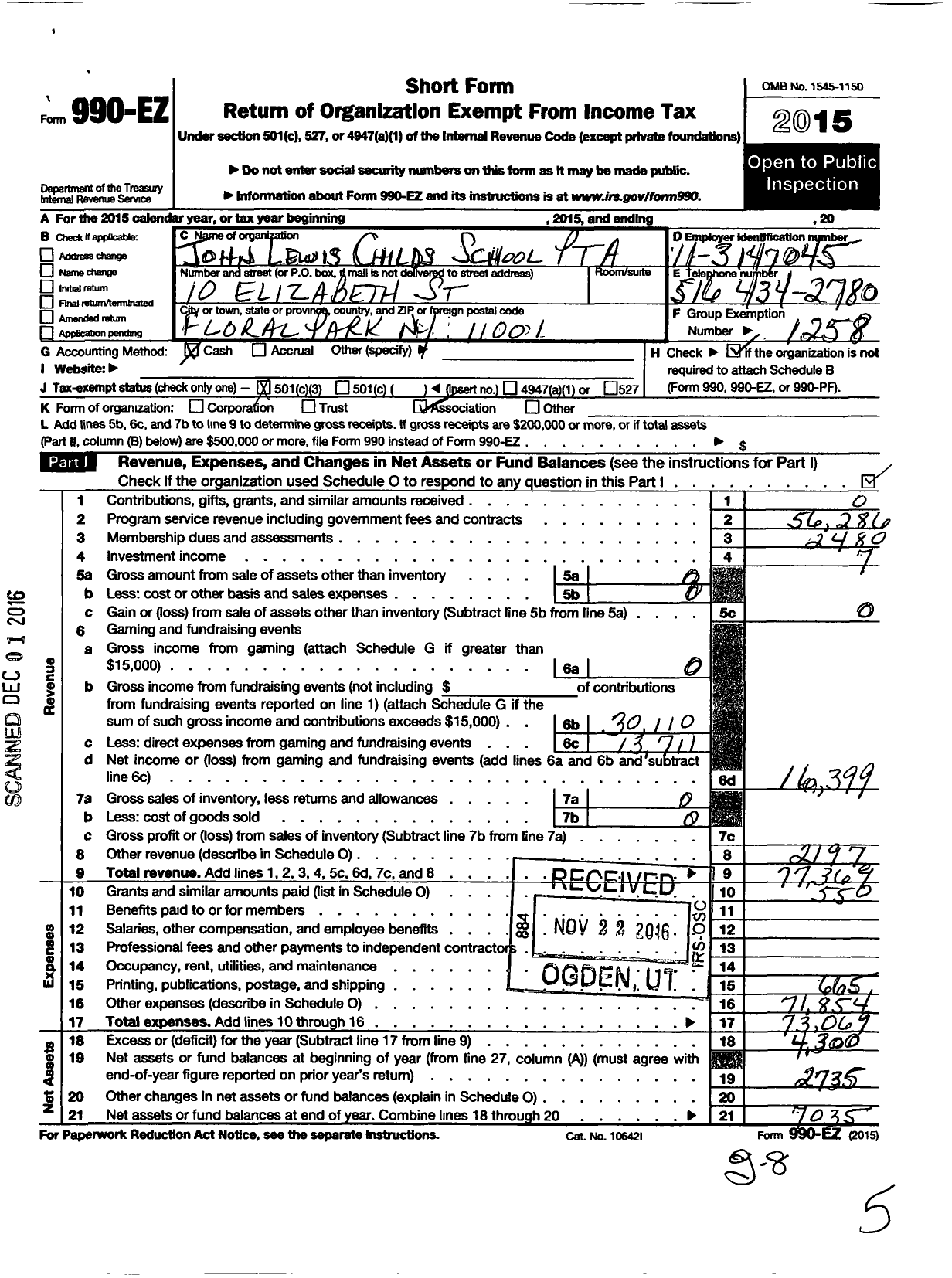 Image of first page of 2015 Form 990EZ for New York State PTA - 010-306 John Lewis Childs School PT