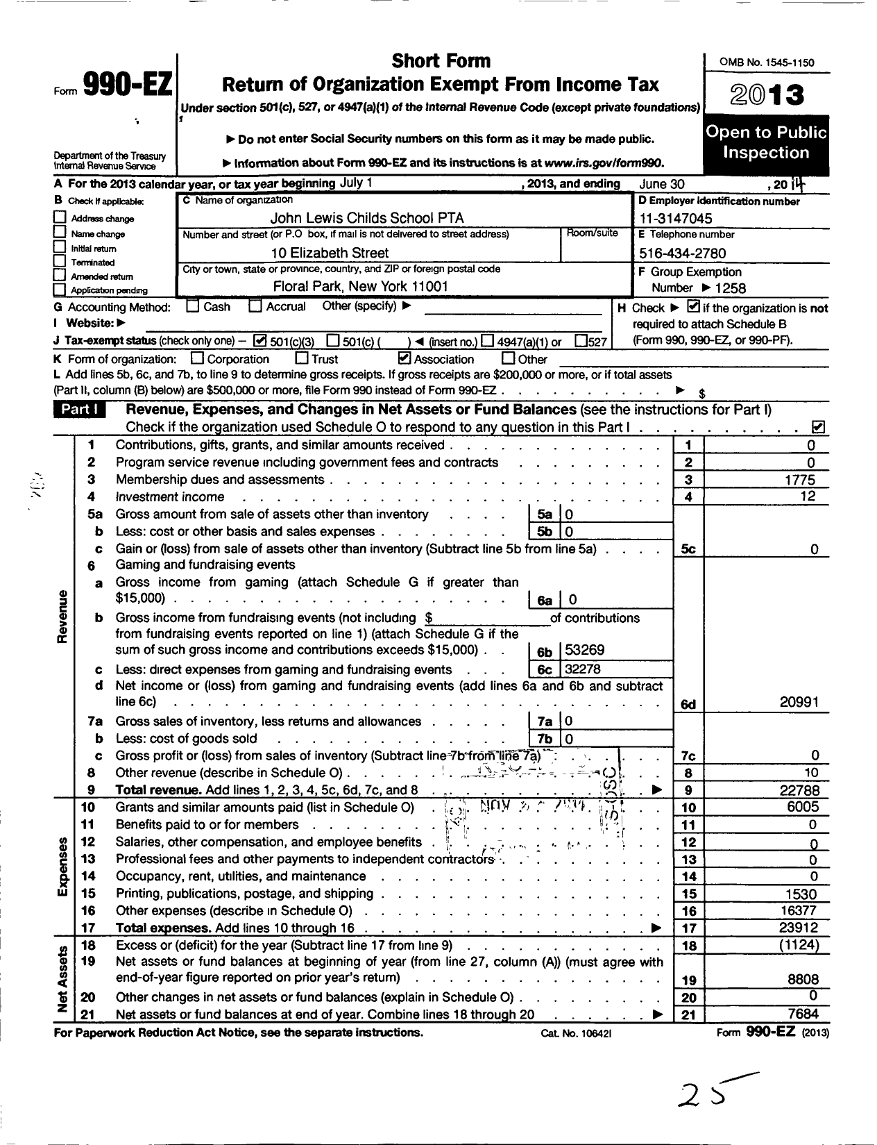 Image of first page of 2013 Form 990EZ for New York State PTA - 010-306 John Lewis Childs School PT