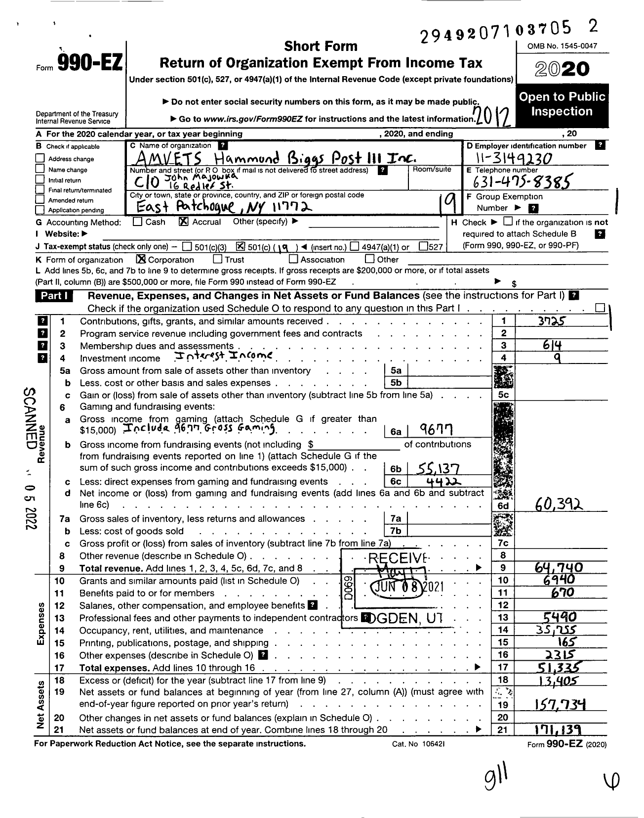 Image of first page of 2020 Form 990EO for Amvets - 0111 Ny