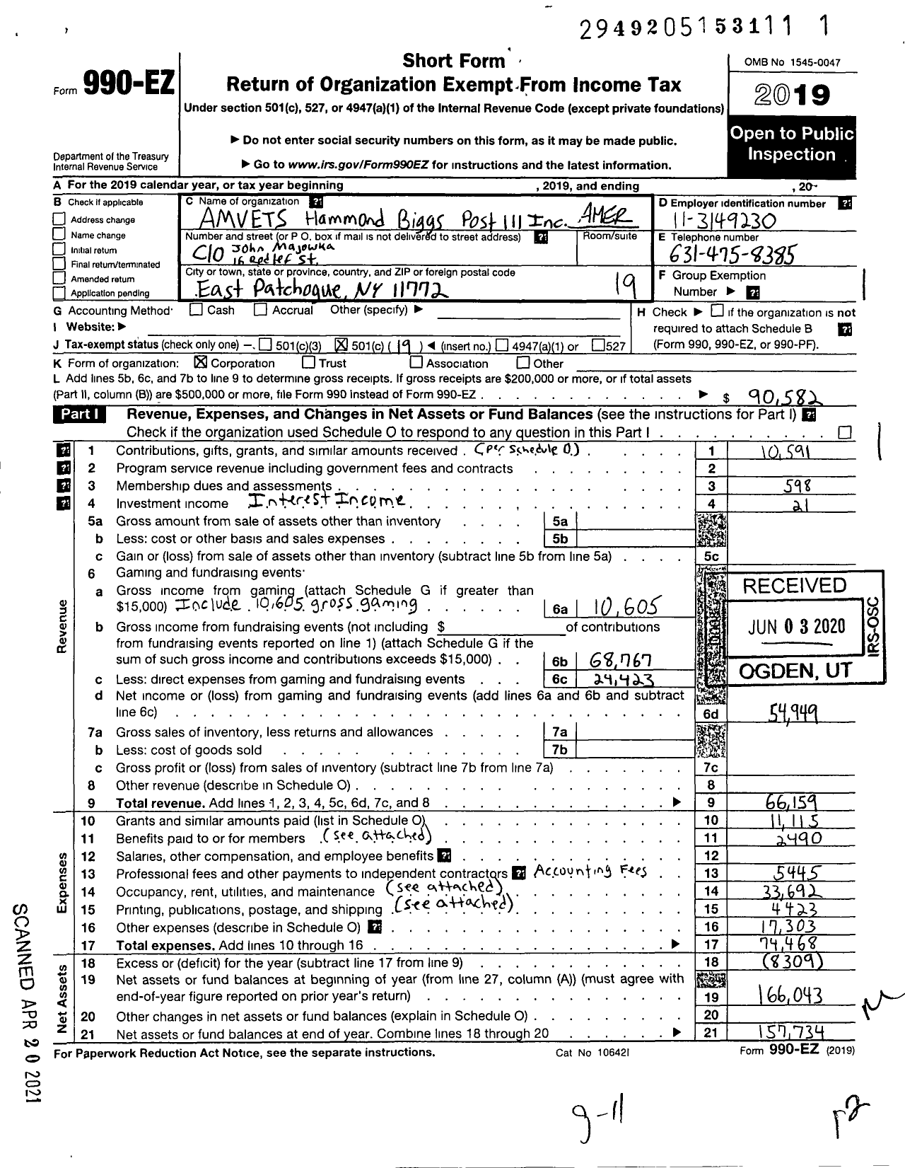 Image of first page of 2019 Form 990EO for Amvets - 0111 Ny