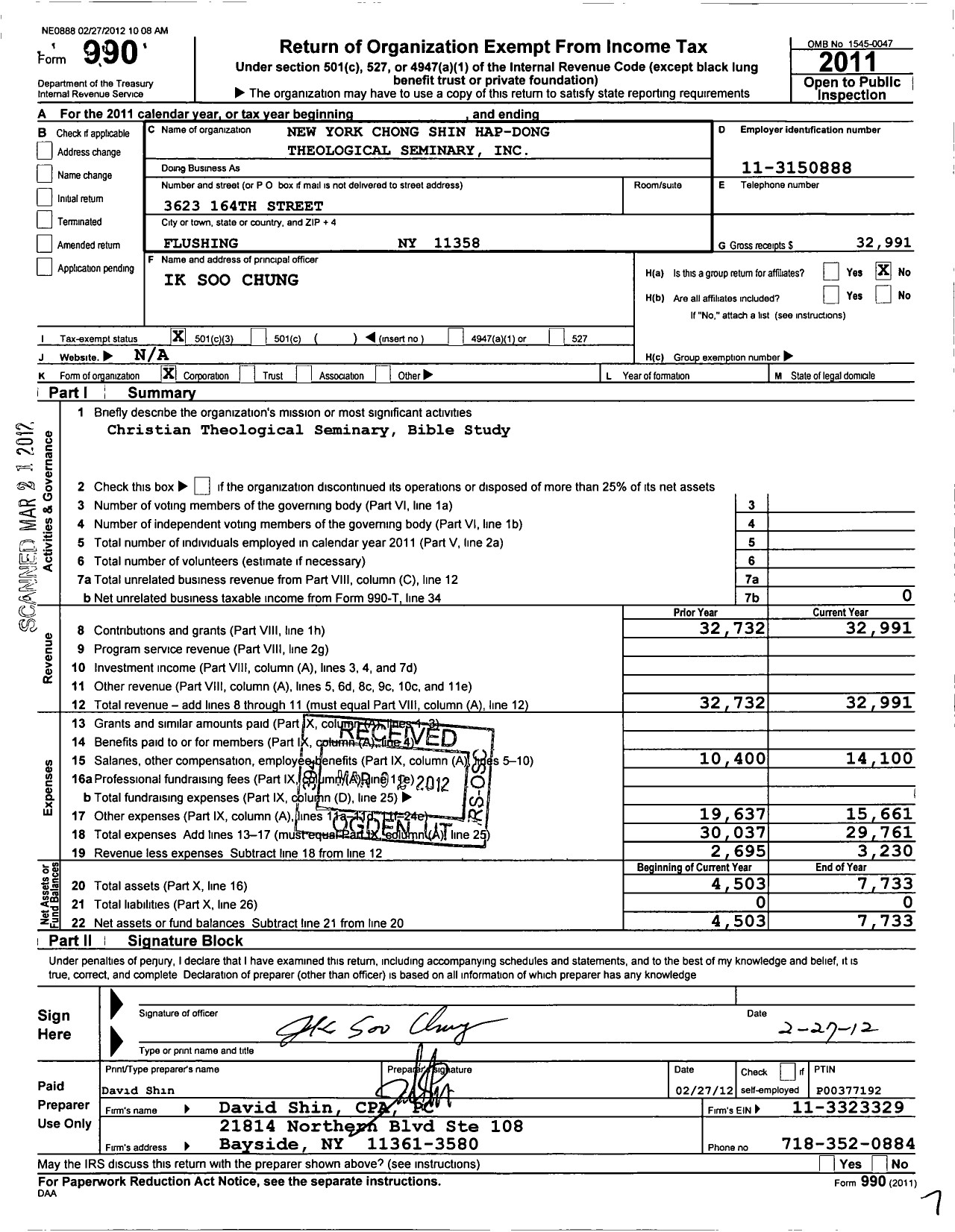 Image of first page of 2011 Form 990 for New York Chong Shin Hap-Dong Theological Seminary