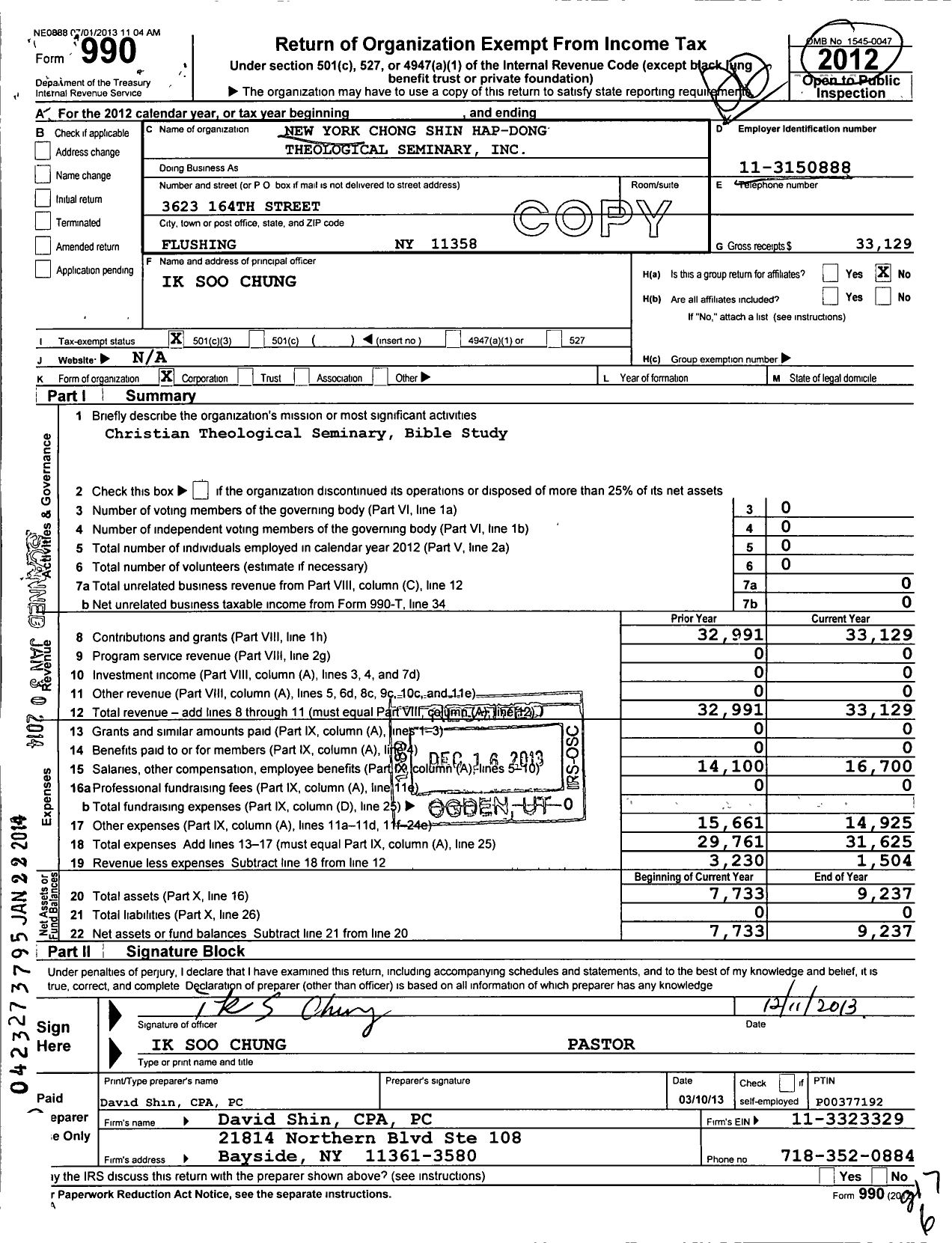 Image of first page of 2012 Form 990 for New York Chong Shin Hap-Dong Theological Seminary