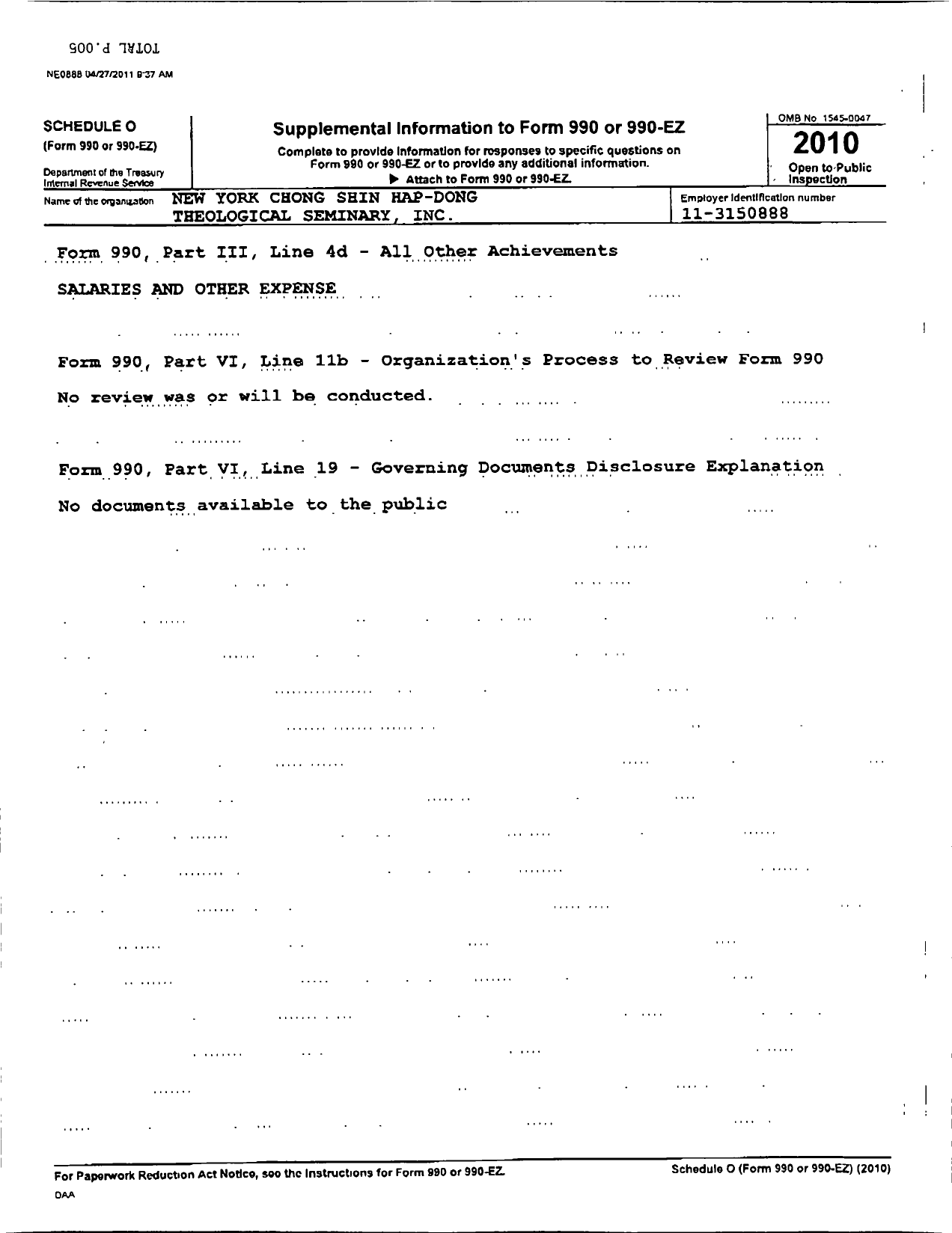 Image of first page of 2010 Form 990R for New York Chong Shin Hap-Dong Theological Seminary