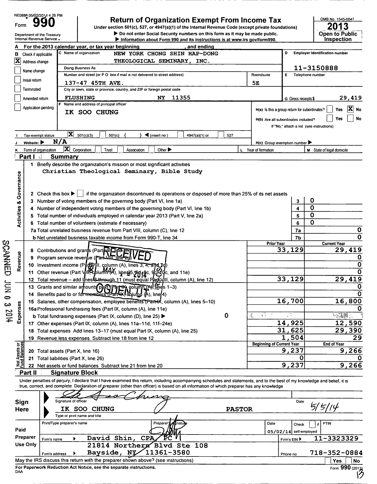 Image of first page of 2013 Form 990 for New York Chong Shin Hap-Dong Theological Seminary