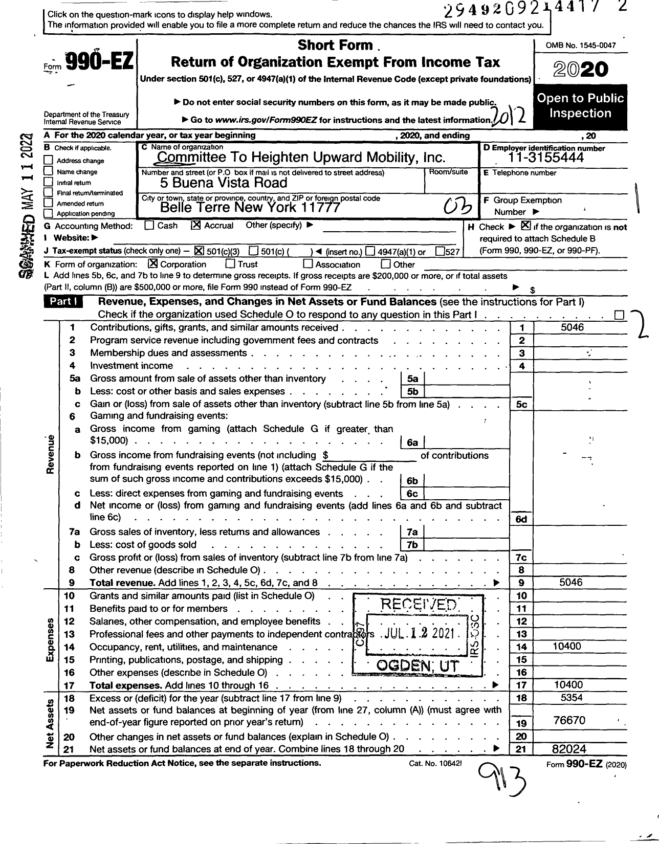 Image of first page of 2020 Form 990EZ for Chum-Committee To Heighten Upward Mobility