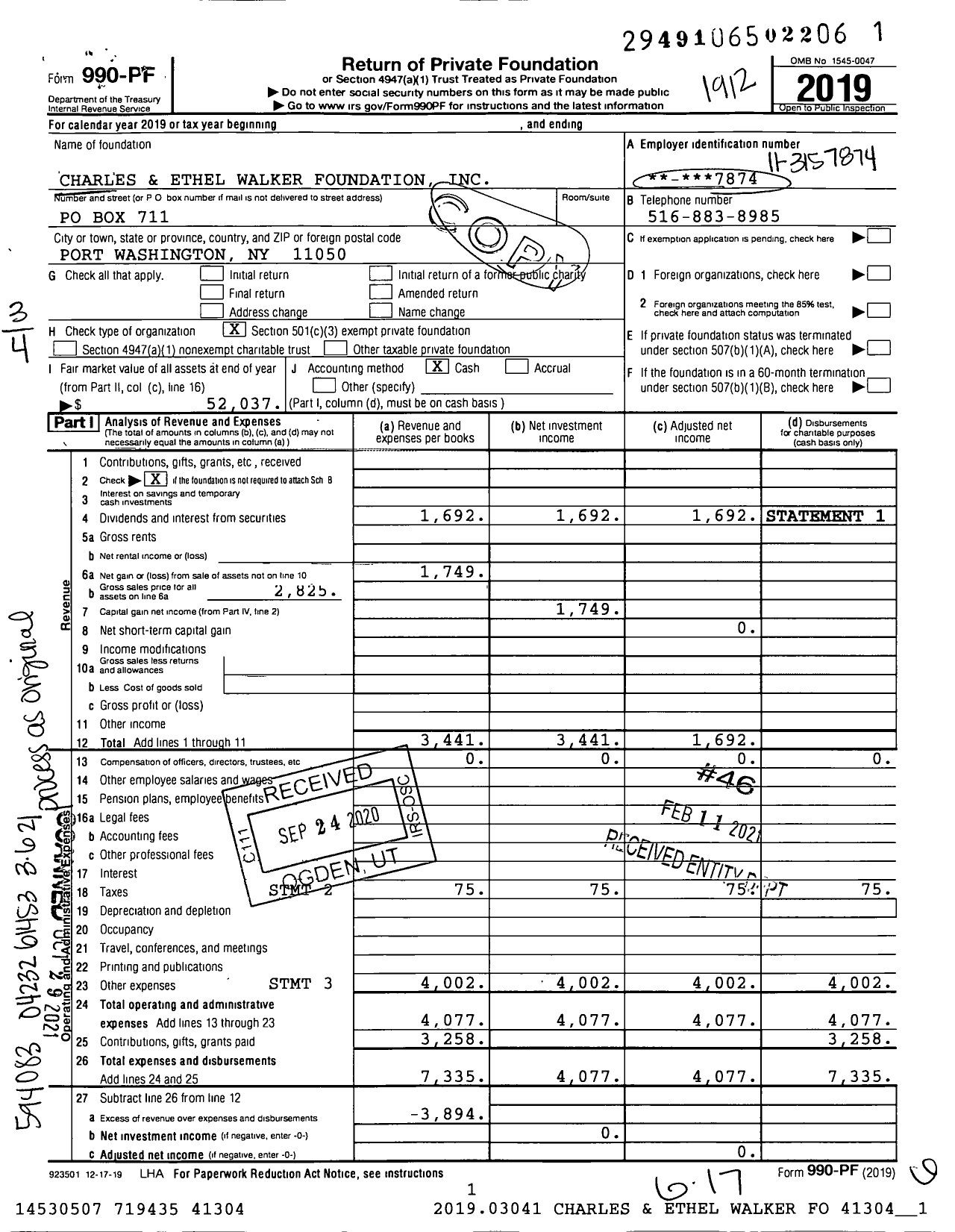 Image of first page of 2019 Form 990PF for Charles and Ethel Walker Foundation