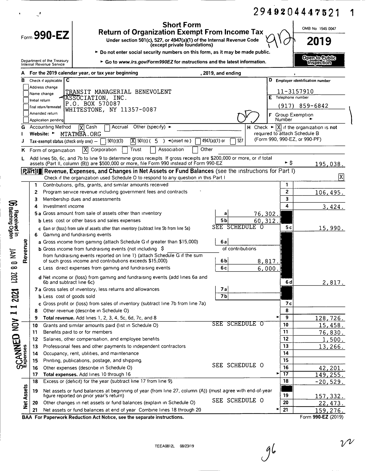 Image of first page of 2019 Form 990EO for Transit Managerial Benevolent Association